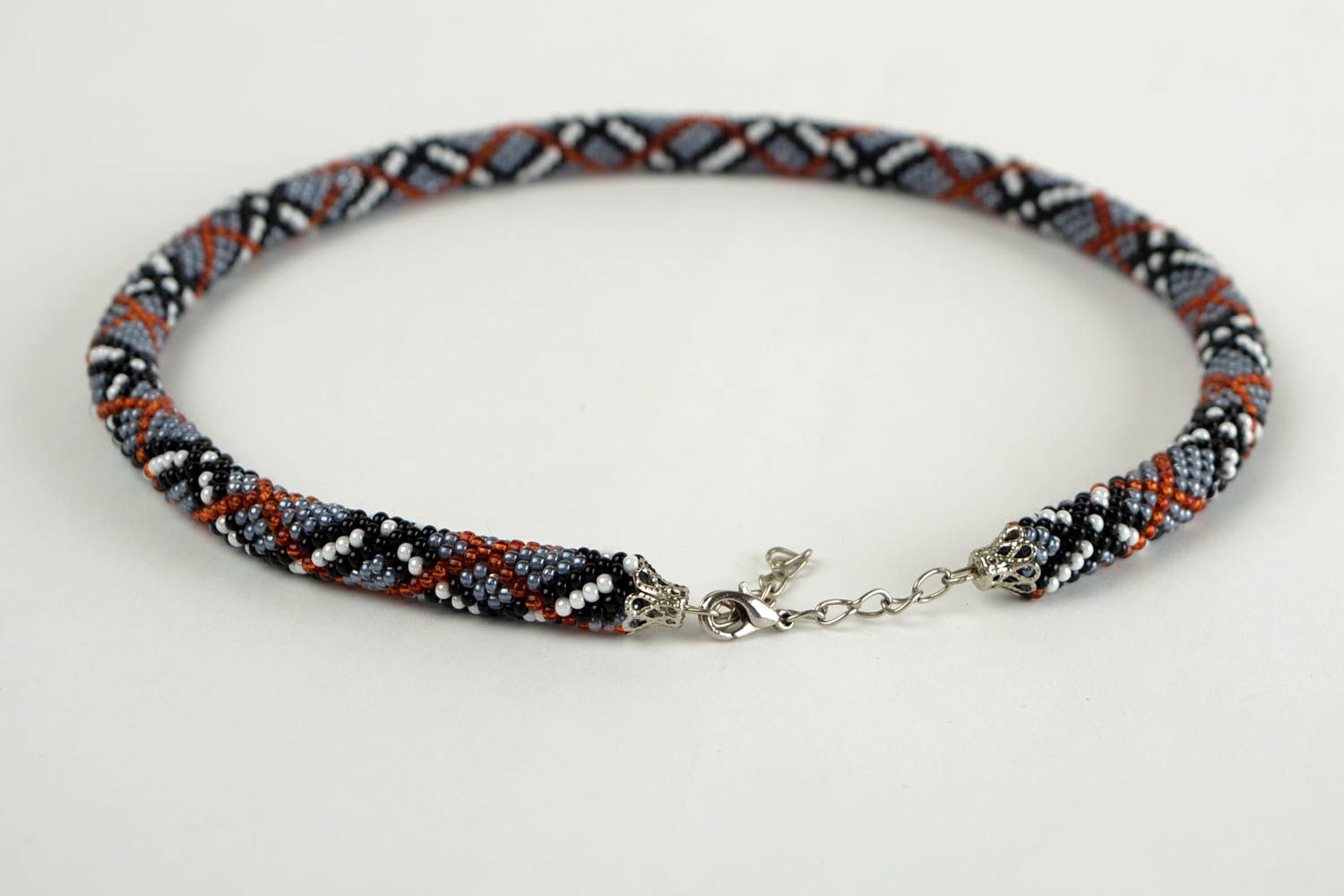 Handmade fashion jewelry beaded cord necklace crocheted gray accessory  photo 5