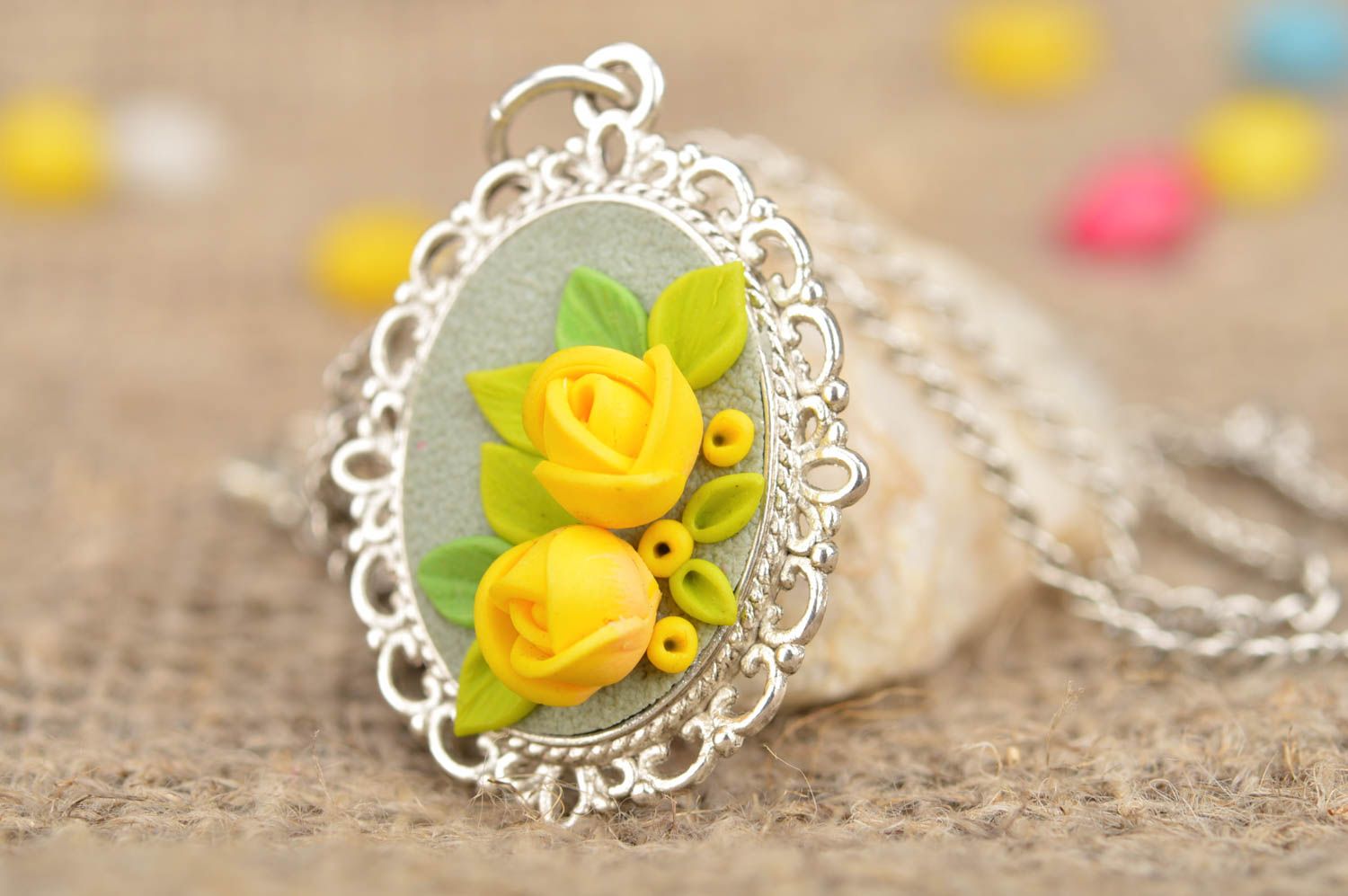 Handmade vintage cameo pendant with polymer clay volume yellow rose flowers photo 1