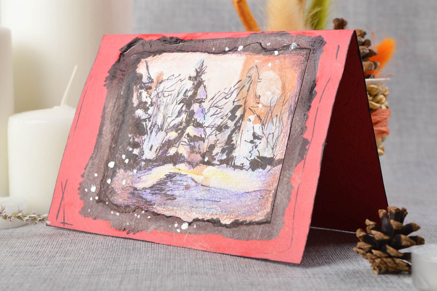 Carte de voeux de Noël Nouvel An faite main rouge avec sapins Petit cadeau photo 1