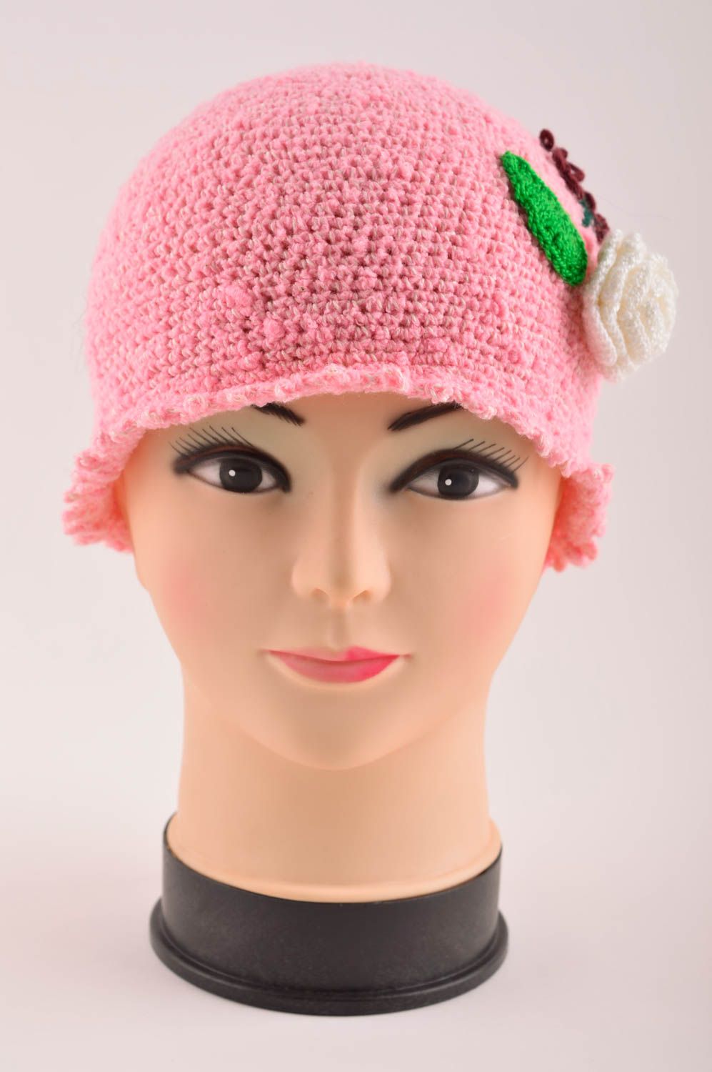 Bonnet enfant fait main Chapeau original Vêtement enfant fille rose tricot photo 4