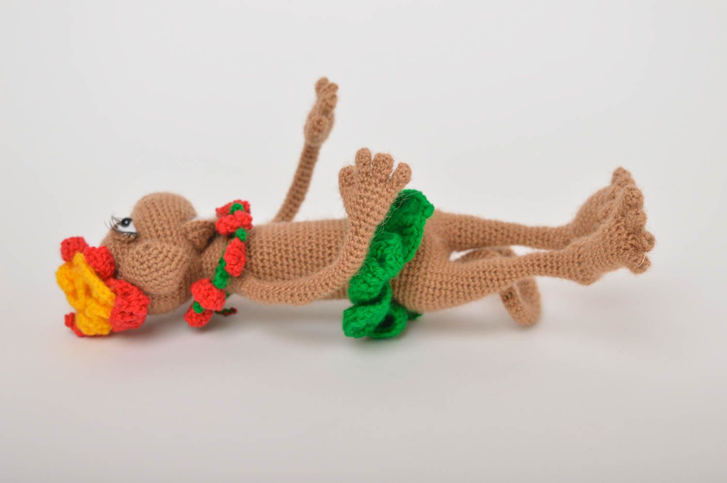 10 inches knitted stuffed monkey toy in brown, red, and green colors photo 4