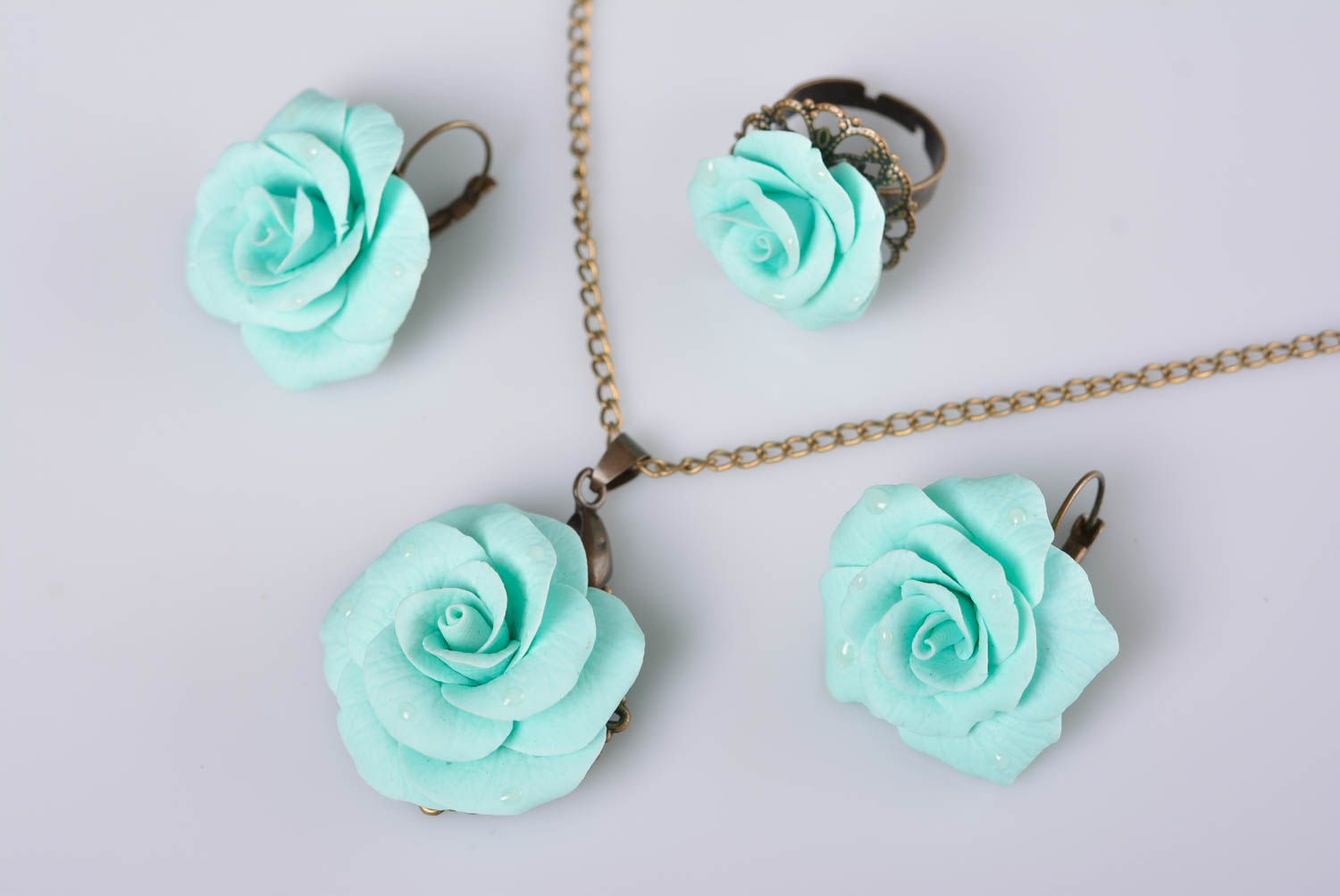 Set of handmade polymer clay floral jewelry 3 items earrings necklace and ring photo 1