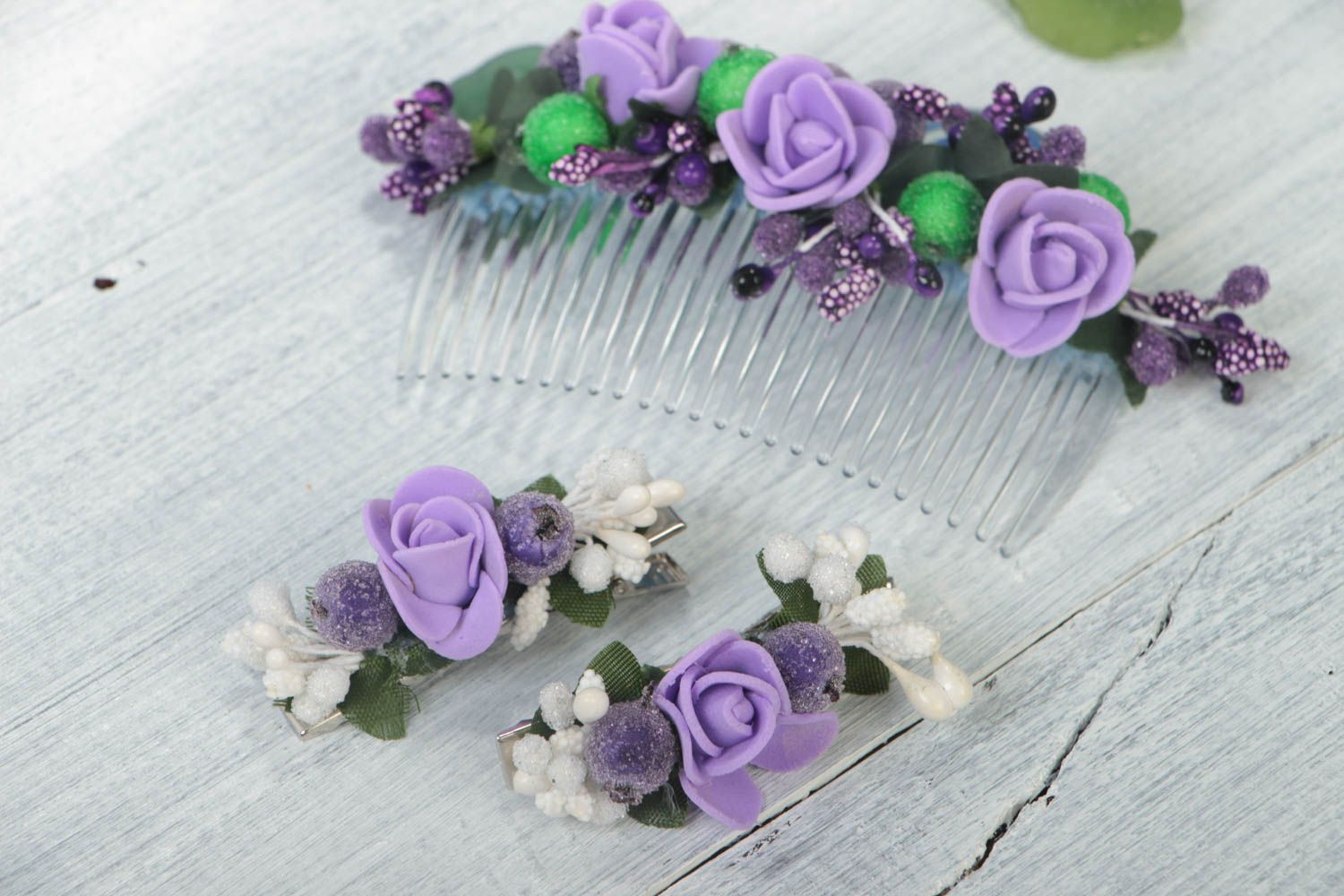 Set of handmade accessories flower hair clip and comb stylish jewelry 2 pieces photo 1