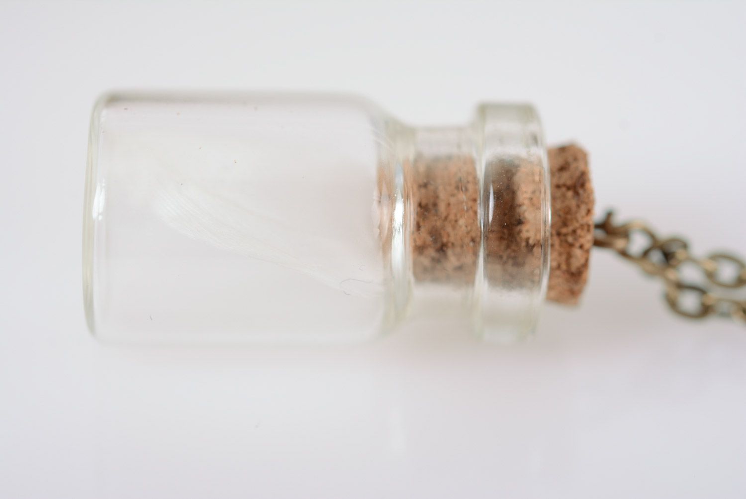 Handmade small glass vial with cork pendant necklace with feather on metal chain photo 3
