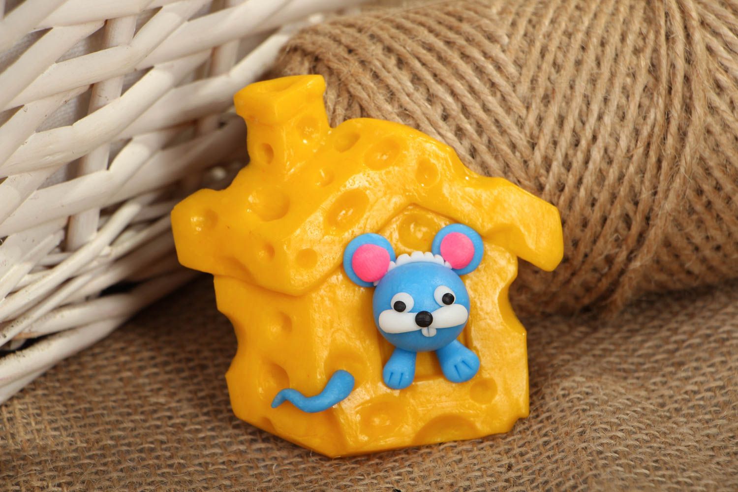 Polymer clay fridge magnet Mouse in Cheese House photo 5