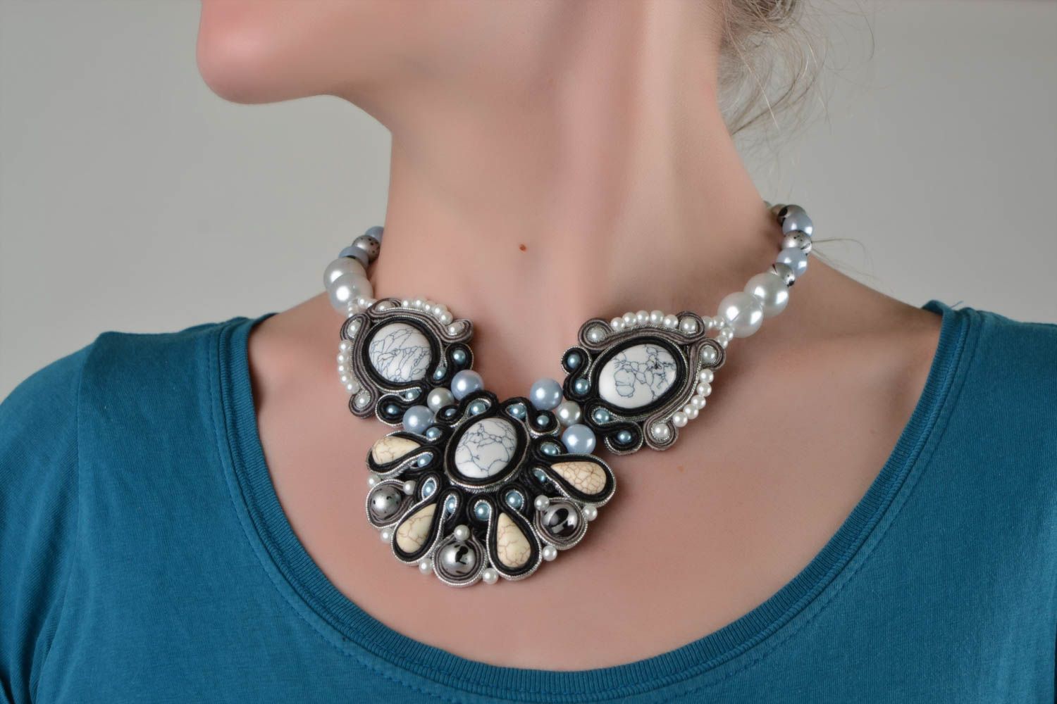 Soutache decorative necklace with plastic pearl beads handmade accessory Snow photo 1