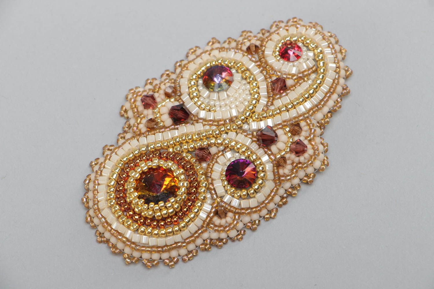 Handmade brooch embroidered with beads and crystals in golden color palette photo 2
