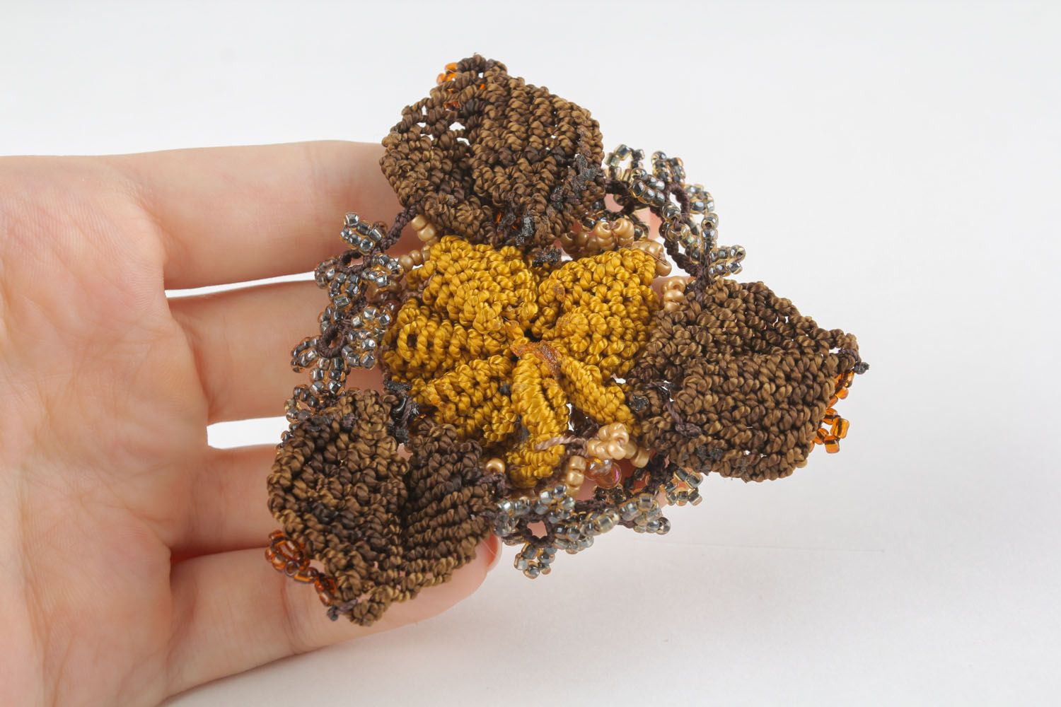 Fleur macramé faite main Fourniture bijoux marron fils synthétiques Loisirs créatifs photo 3