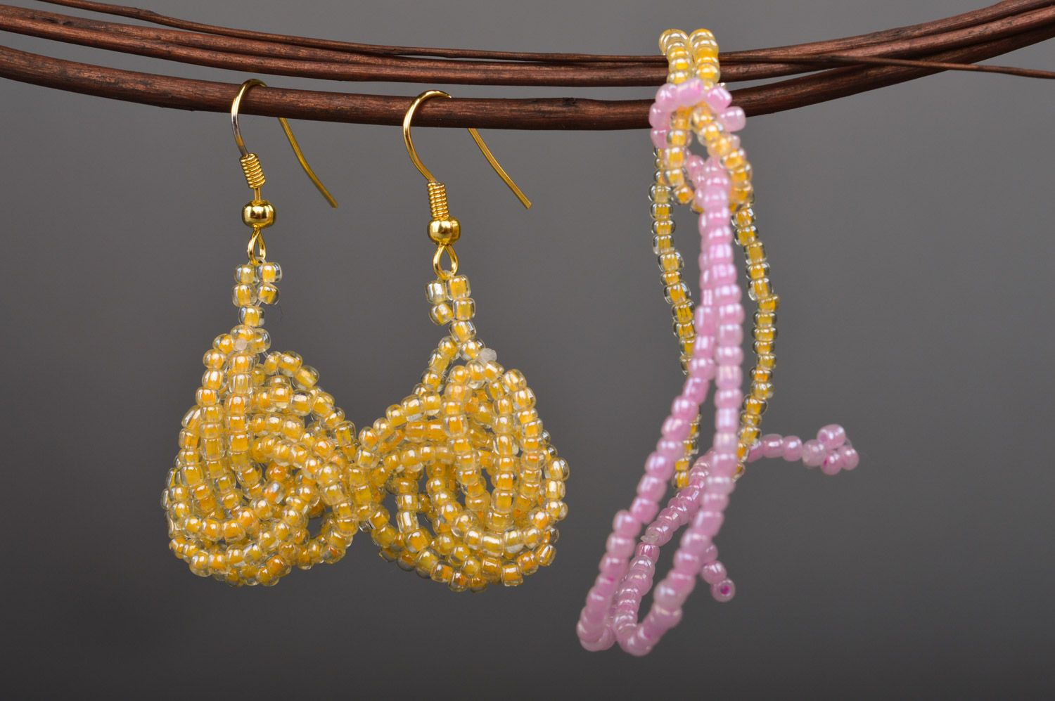 Handmade beaded jewelry set in tender colors dangle earrings and wrist bracelet photo 1