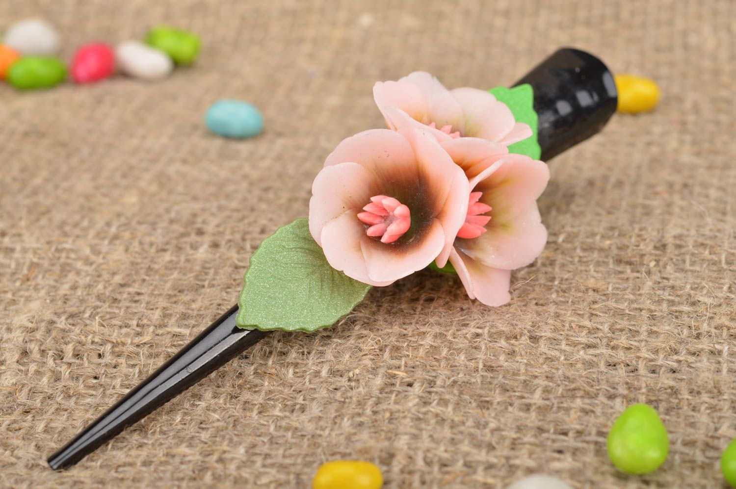 Unusual handmade designer polymer clay flower barrette Cherry Blossoms photo 1