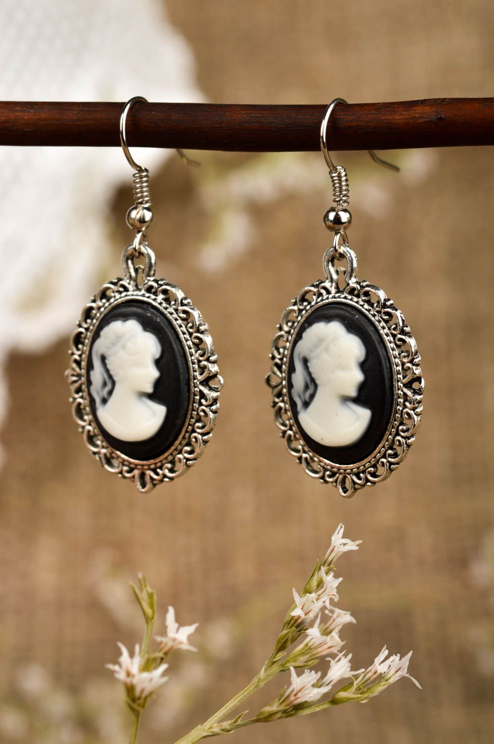 Handmade earrings with cameo, handmade bijouterie accessory for women great gift photo 1