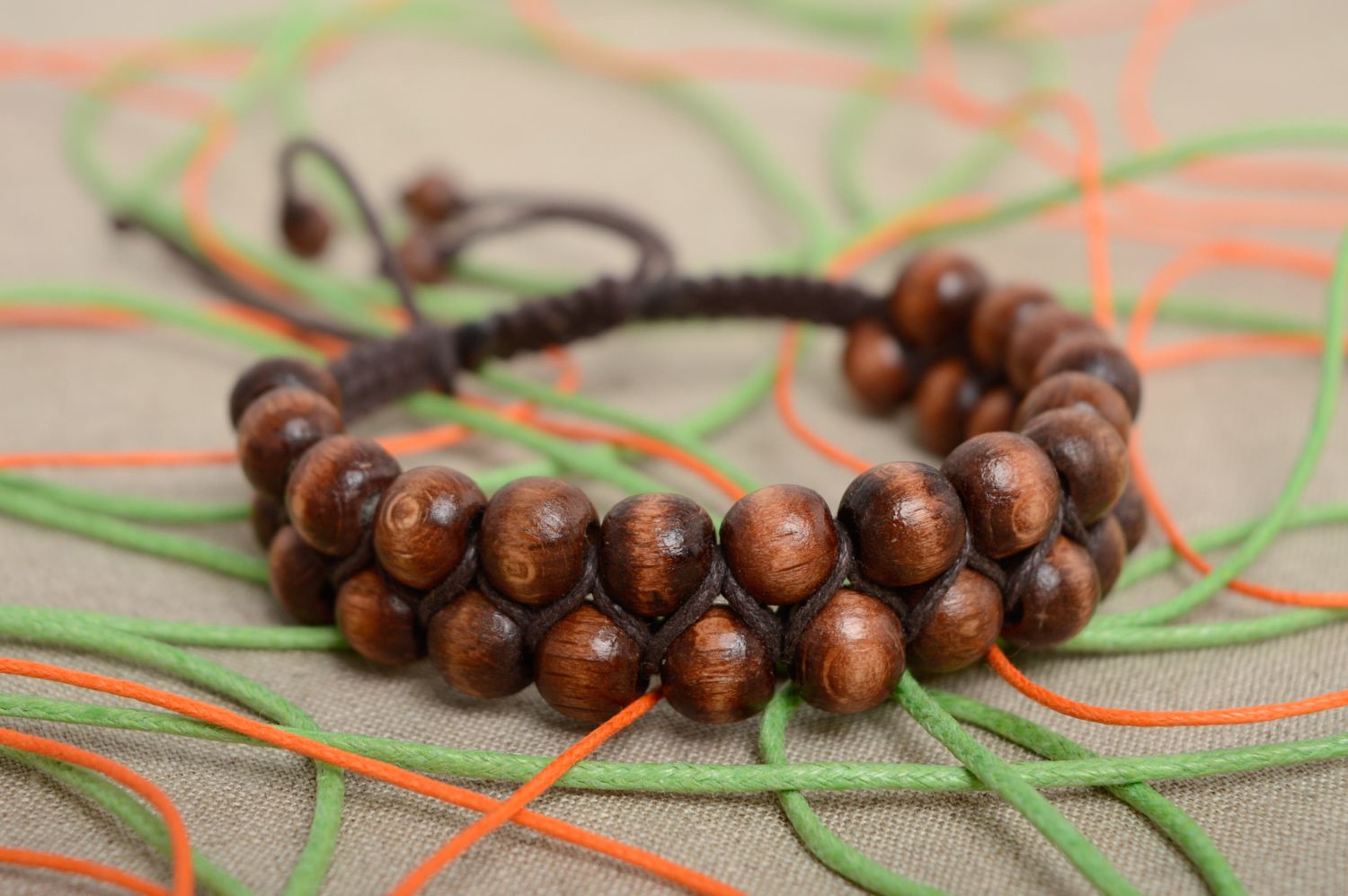 Unusual brown bracelet made of cord and beads photo 2