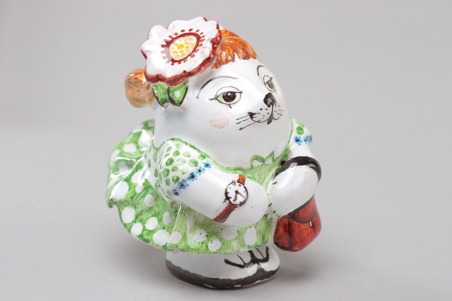 Small handmade painted ceramic figurine in the shape of charming cat photo 2