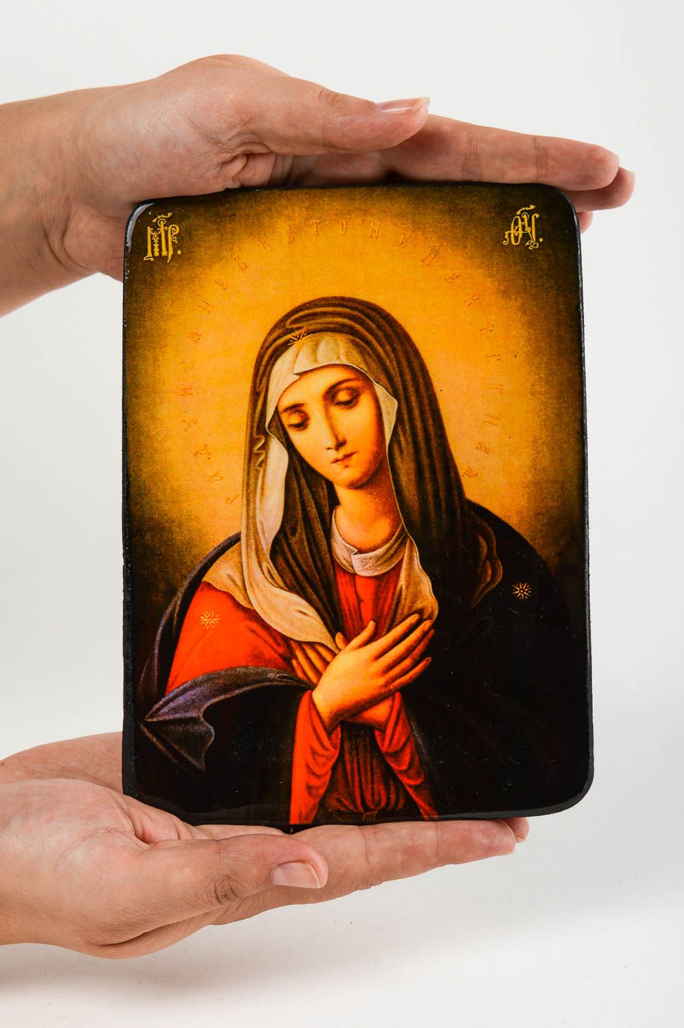 Maria Ikone handgefertigt Holz Ikone religiöses Geschenk schön mit Bemalung foto 5