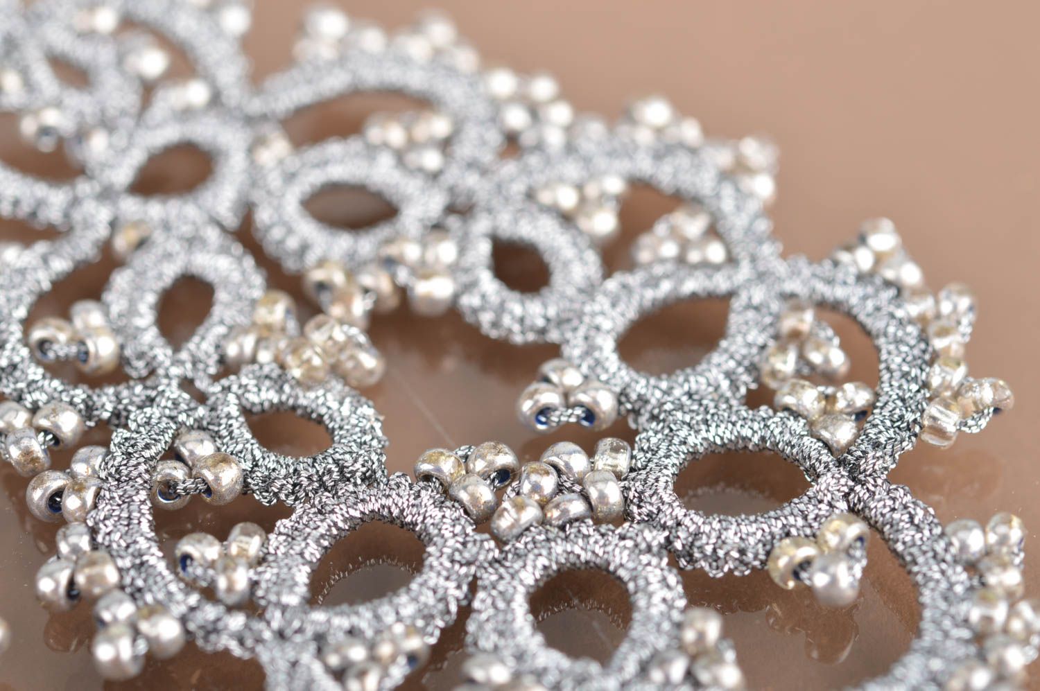 Handmade designer massive lace drop tatted dangle earrings light gray long photo 4