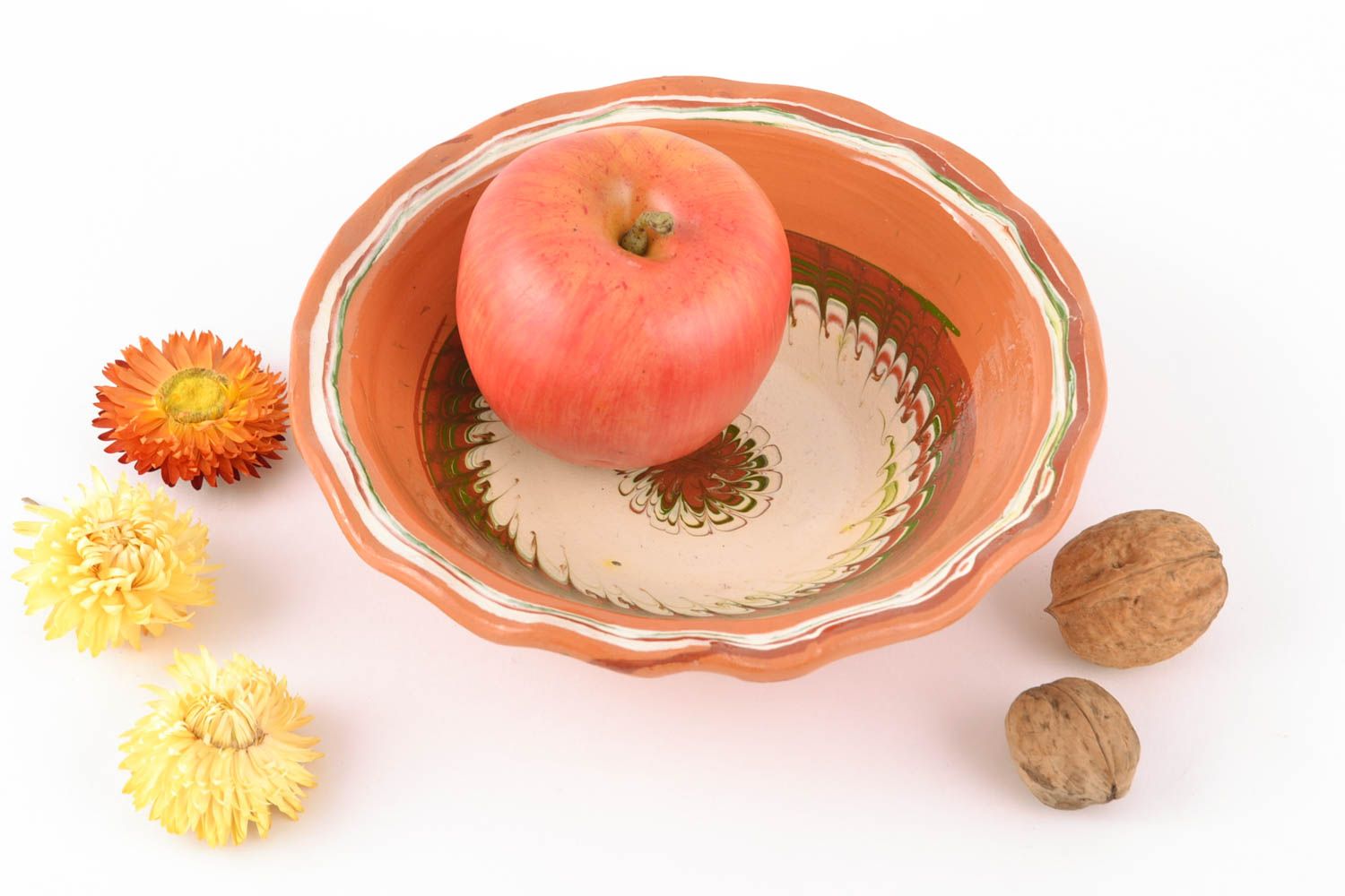 Bol en terre cuite peint rond fait main style ethnique à fruits ou à friandises photo 1