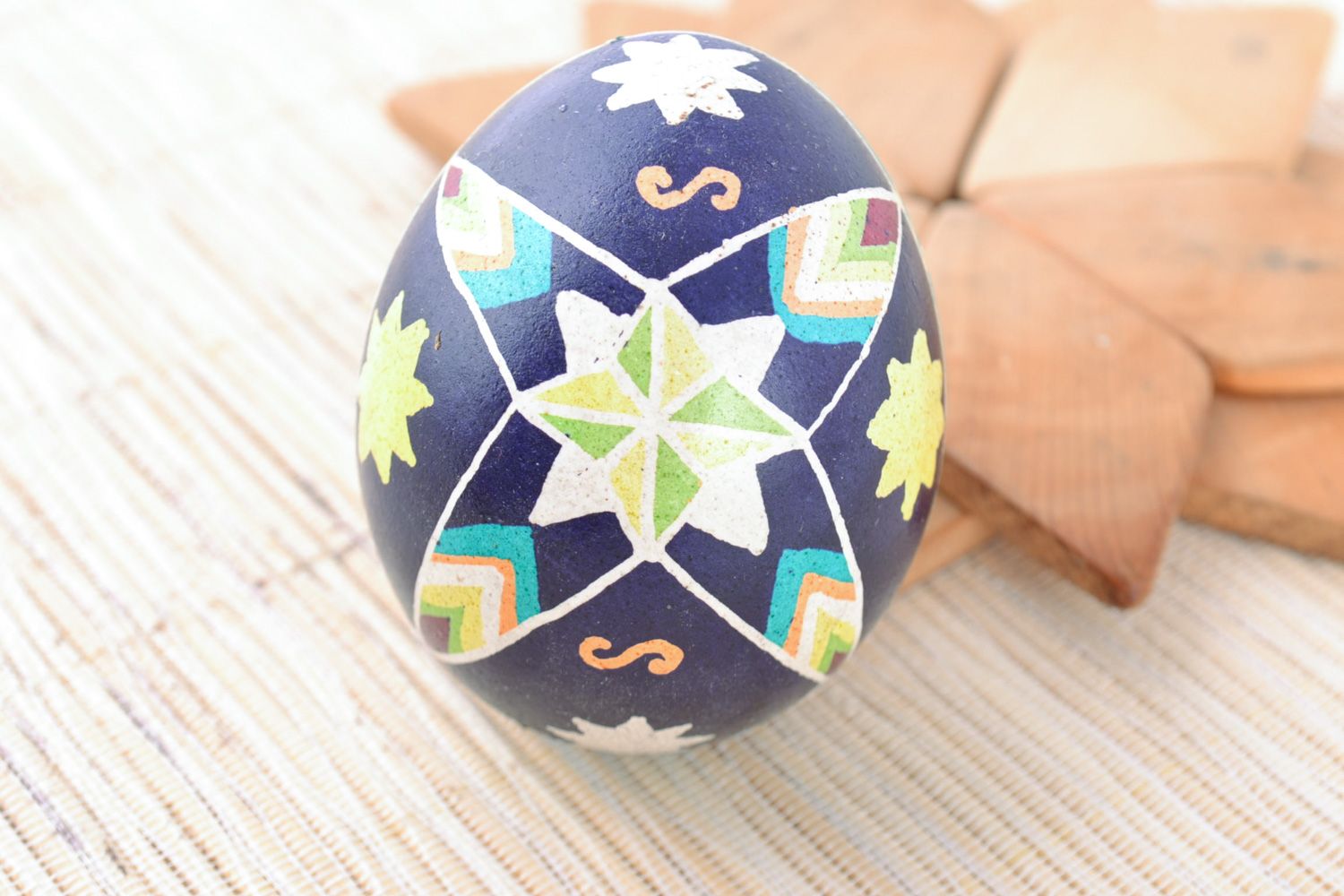 Beautiful handmade painted chicken Easter egg blue with patterns photo 1