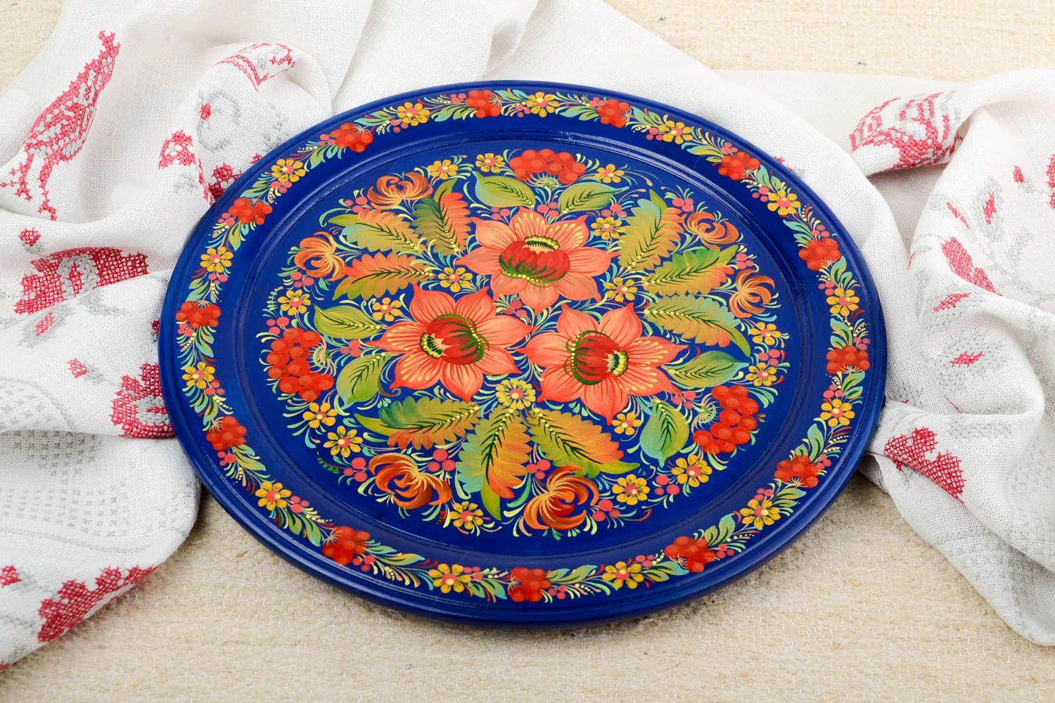 Assiette décorative murale faite main bleue ronde à motif floral Déco maison photo 1