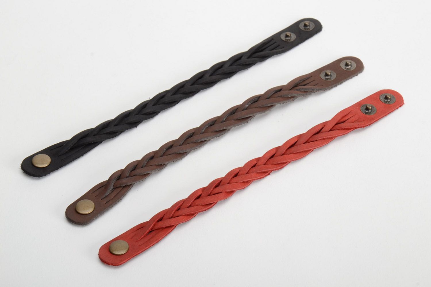 Set of three handmade wrist bracelets woven of red black and brown leather  photo 4