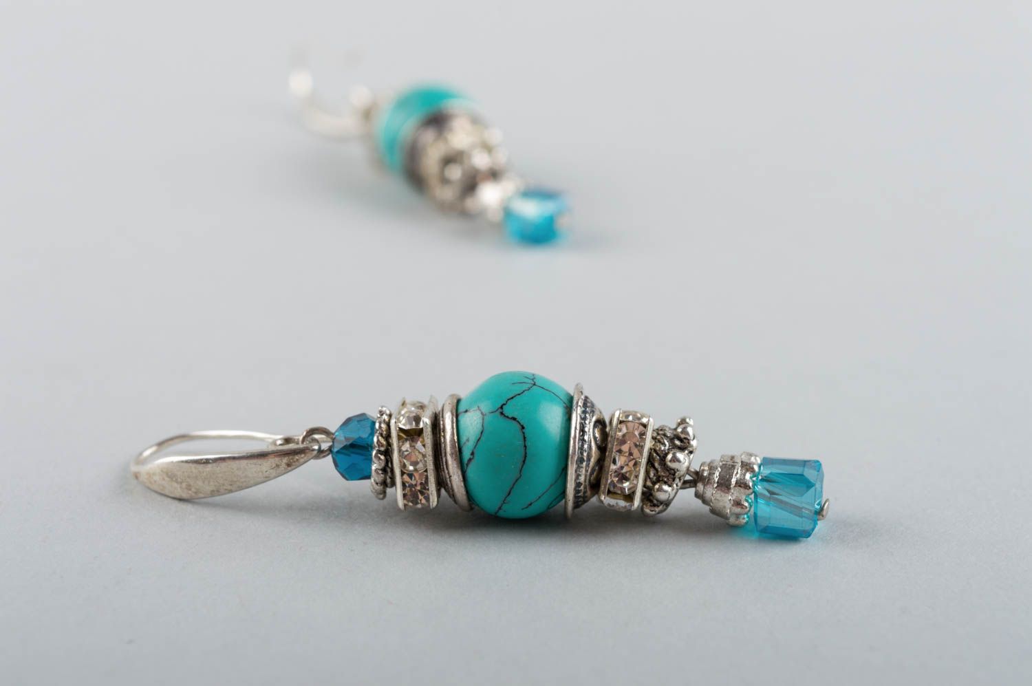 Elegant long handmade designer metal earrings with natural turquoise stone photo 5