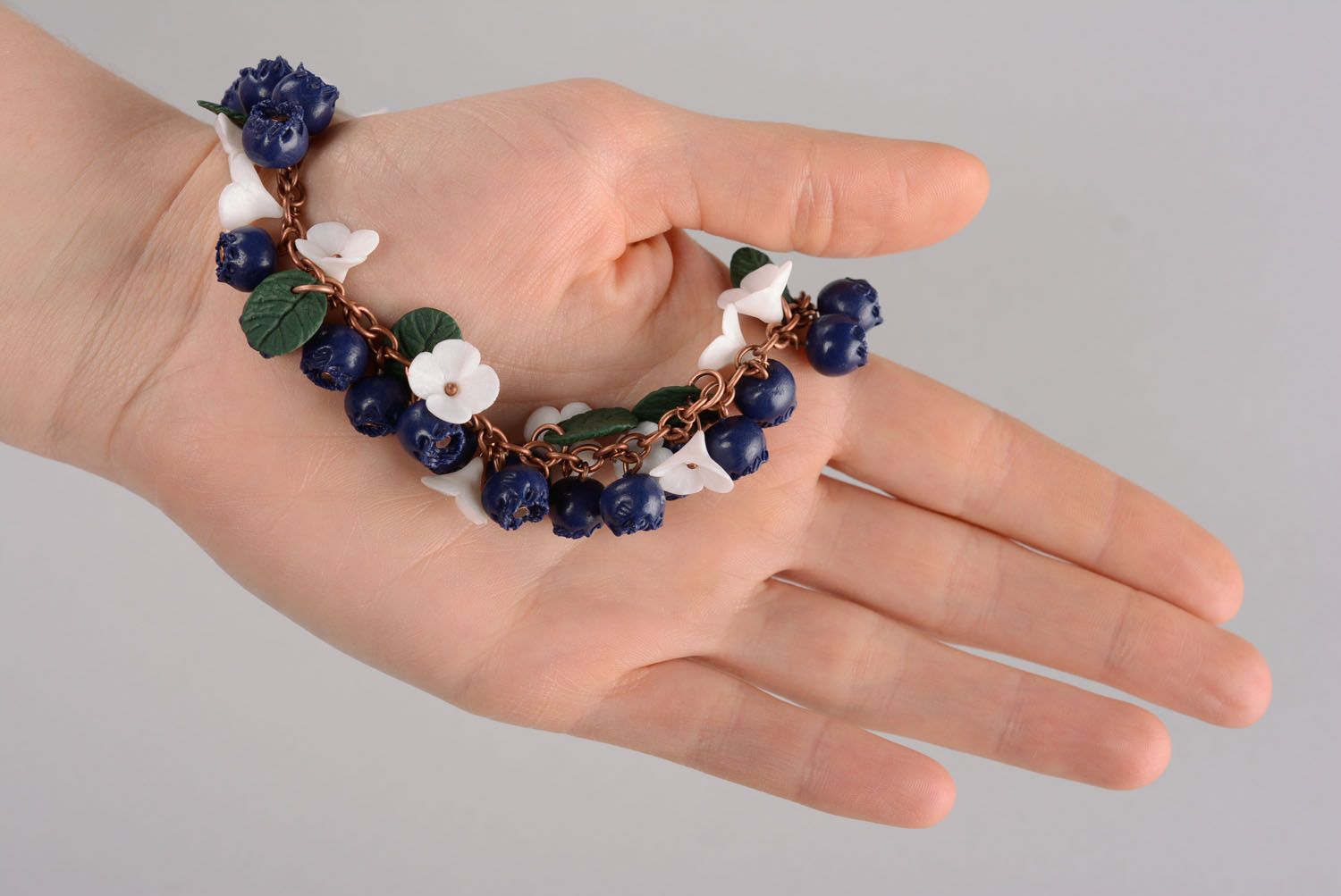 Blueberries and white field flowers charm bracelet  photo 6