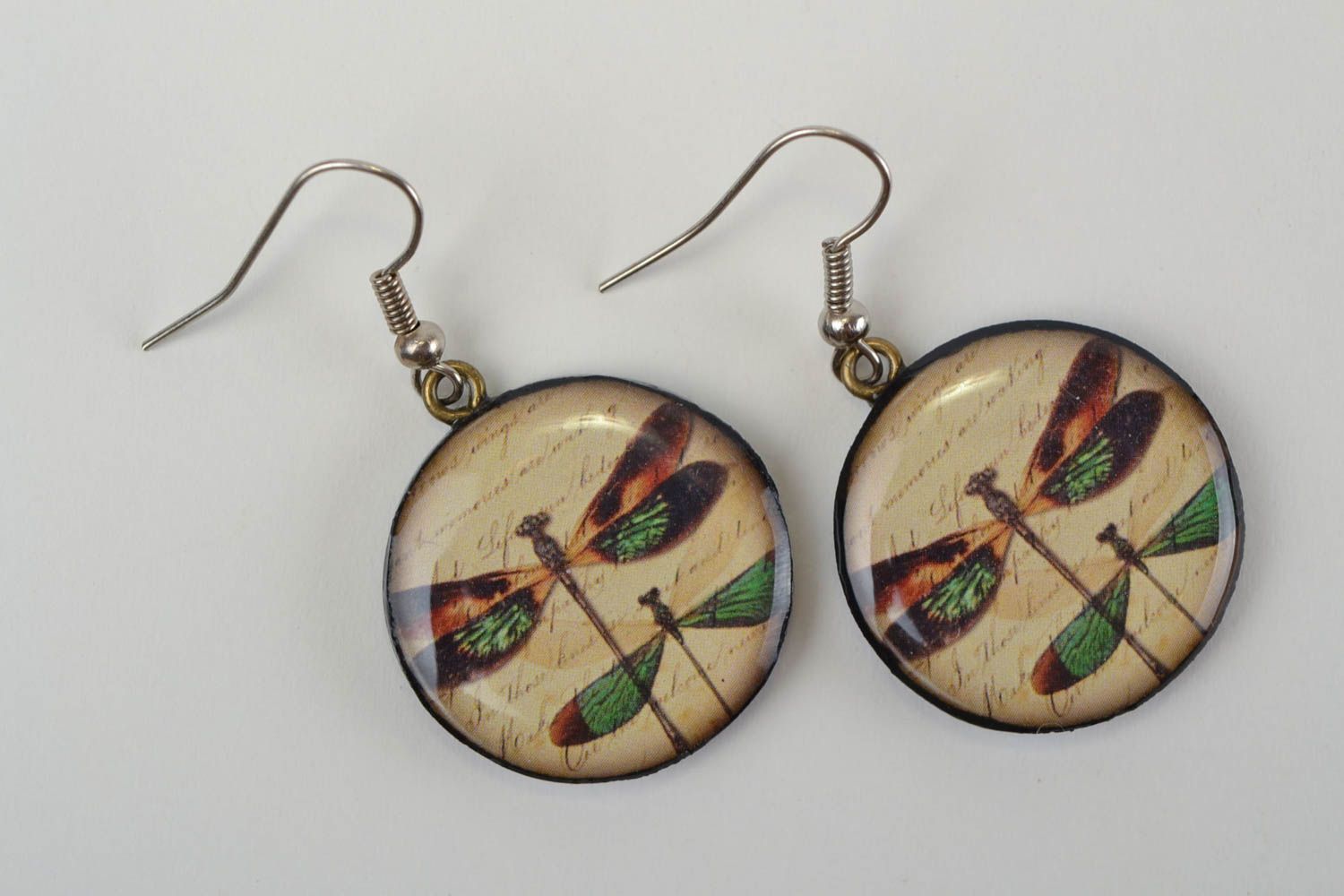 Handmade polymer clay decoupage round earrings with epoxy resin Dragonflies  photo 5
