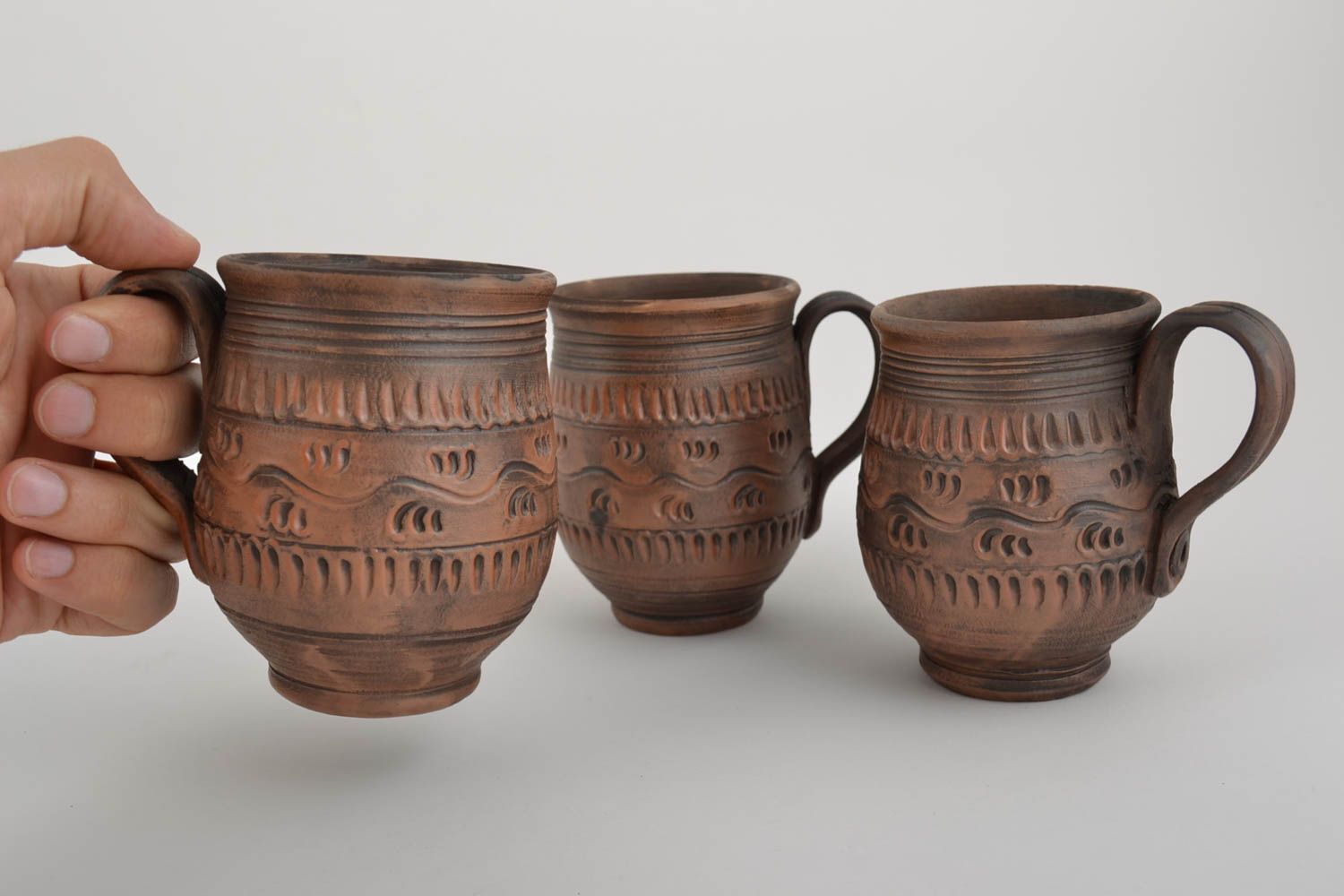 Set of red clay 8 oz drinking cups in brown color with rustic pattern photo 2