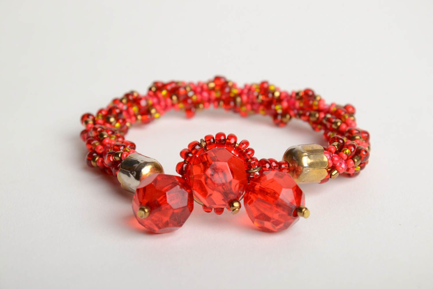Handmade red designer beaded cord wrist bracelet with large faceted beads photo 3