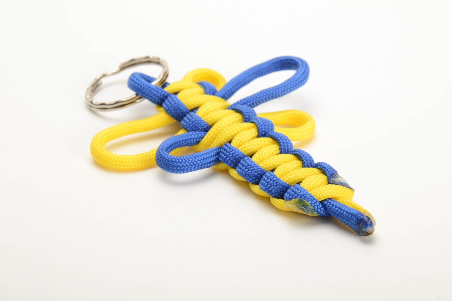 Blue and yellow handmade keychain woven of American paracord photo 3