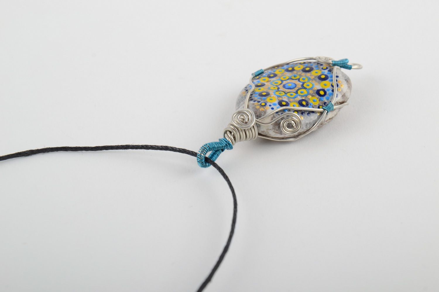 Unusual handmade pendant with painting on stone equipped with cord photo 5