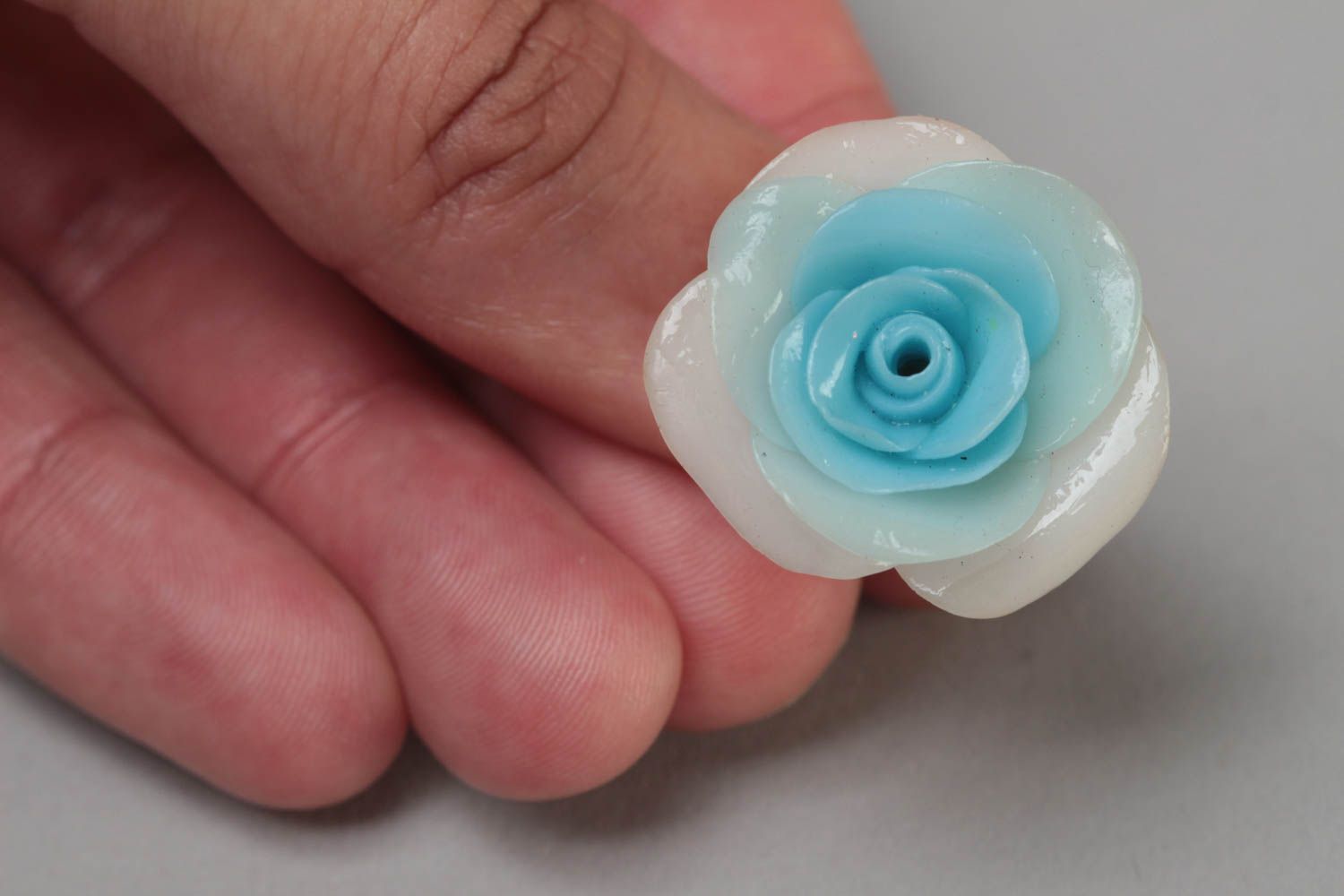 Handmade designer blue jewelry ring with metal basis and polymer clay flower photo 5