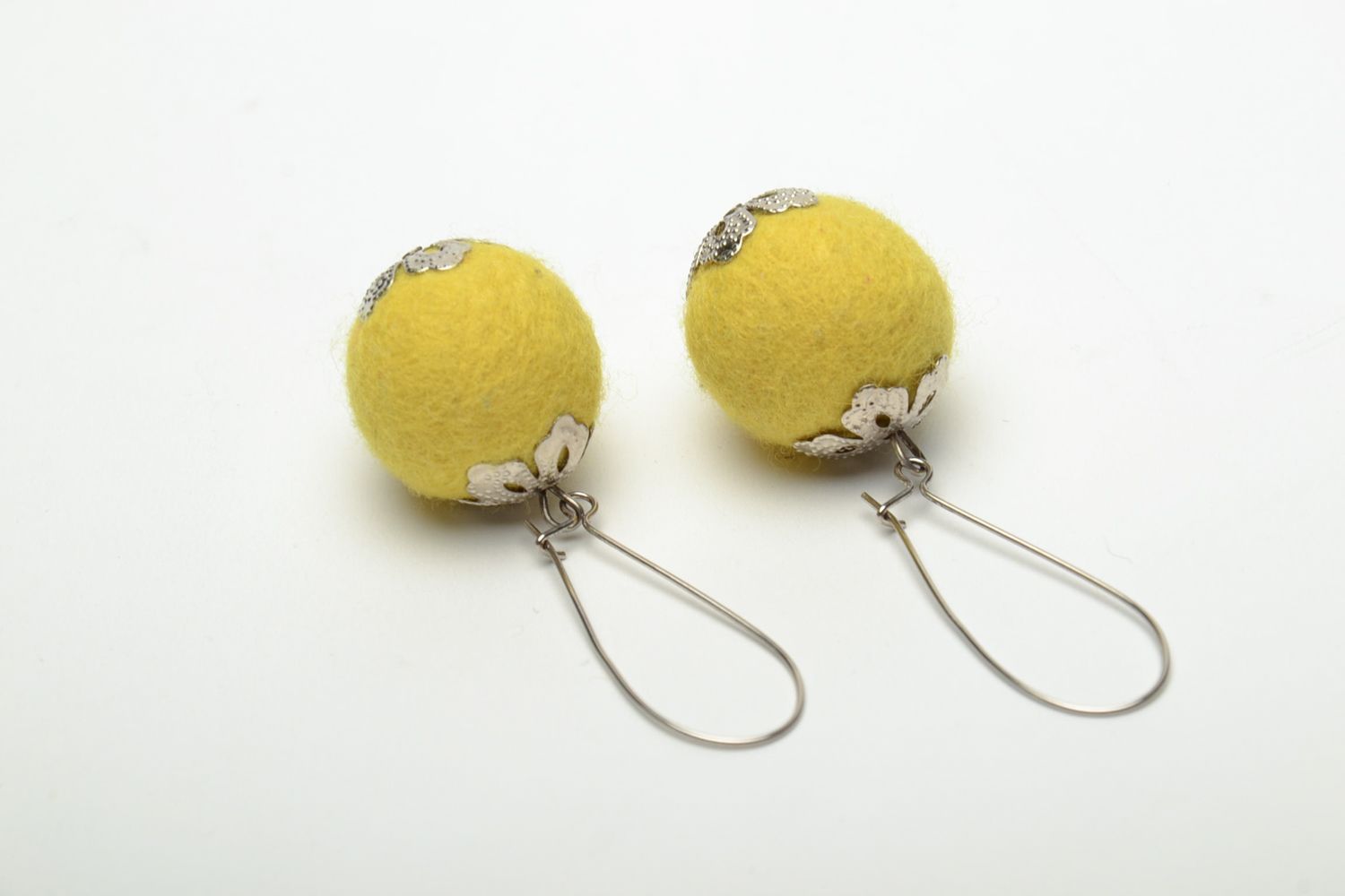 Yellow felted wool earrings with English fasteners photo 5