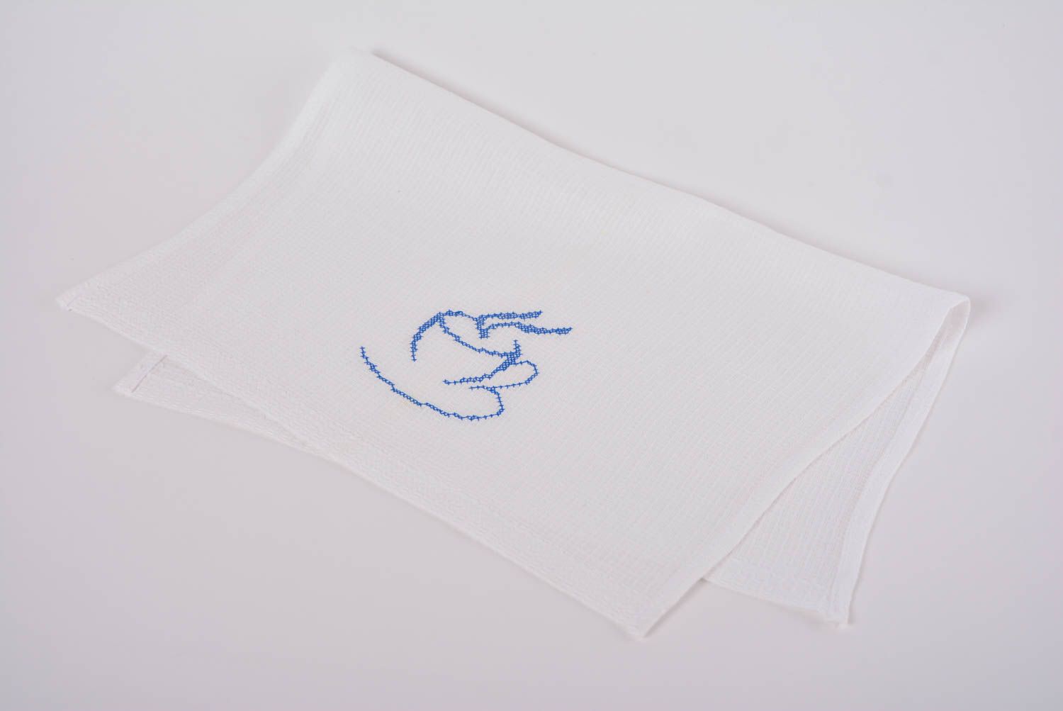 Handmade decorative white natural cotton dinner napkin with blue embroidery photo 5