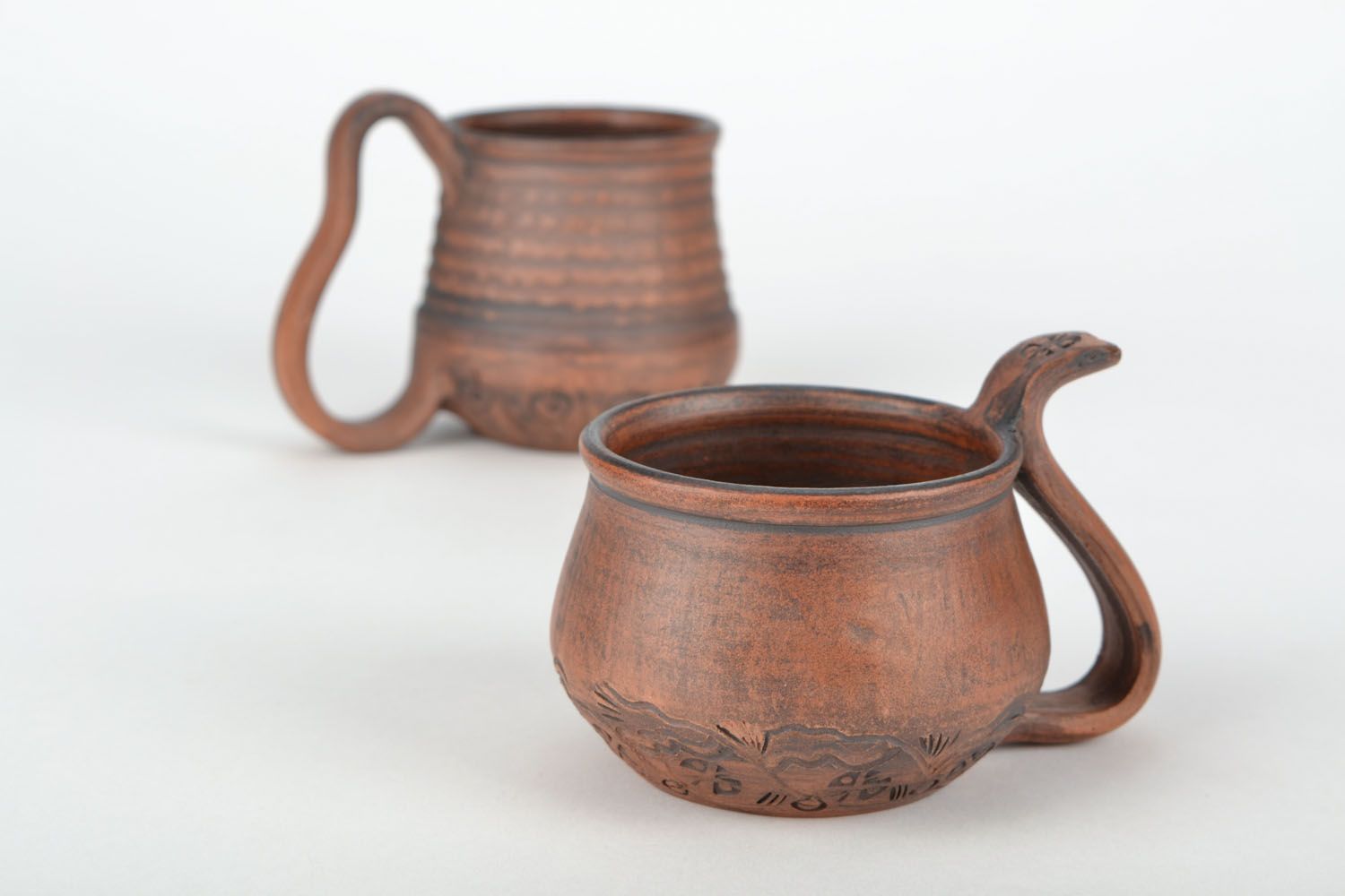Art clay handmade brown pot-shape drinking cup with handle and rustic pattern photo 1