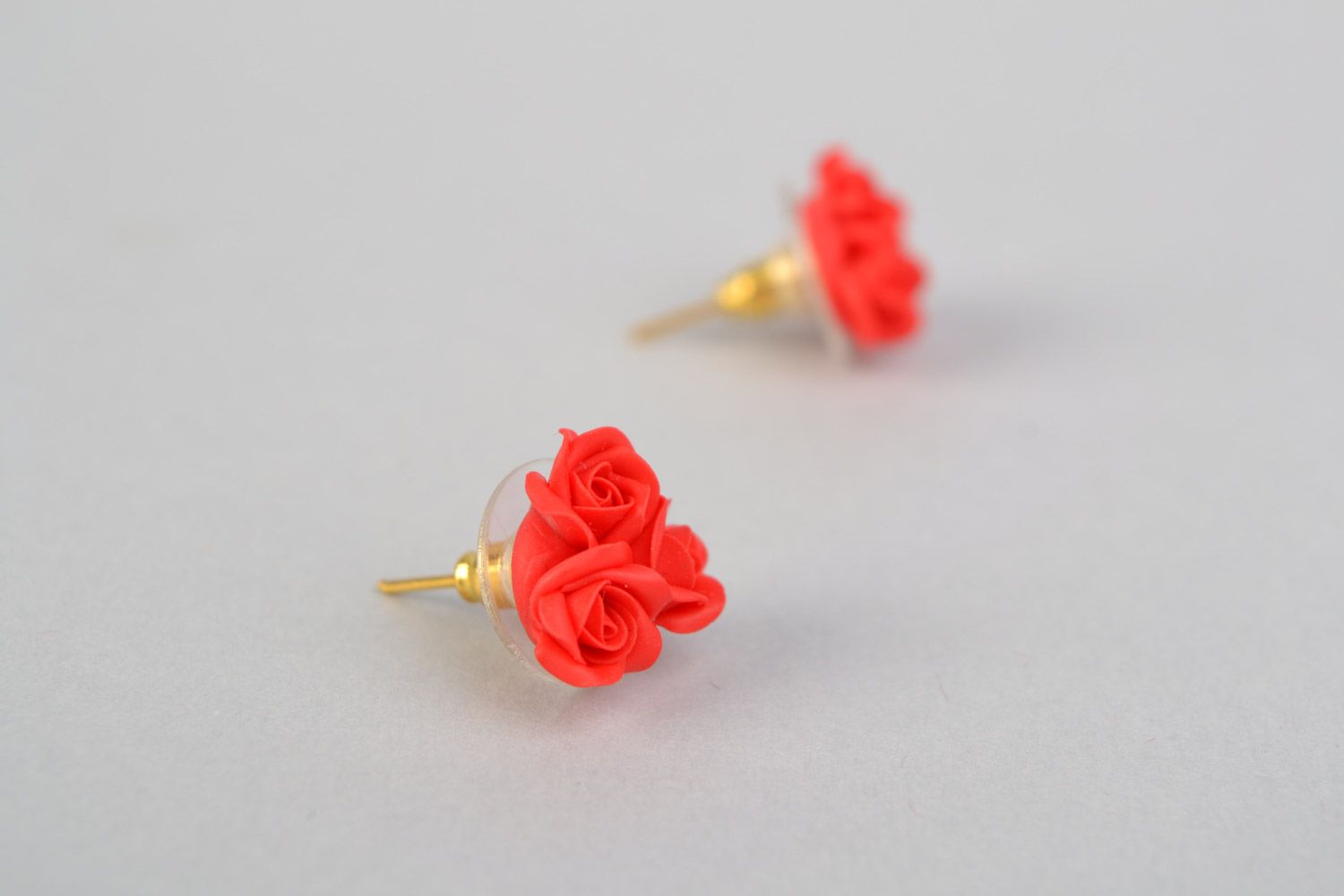 Cute tiny handmade stud earrings with beautiful polymer clay red roses  photo 4