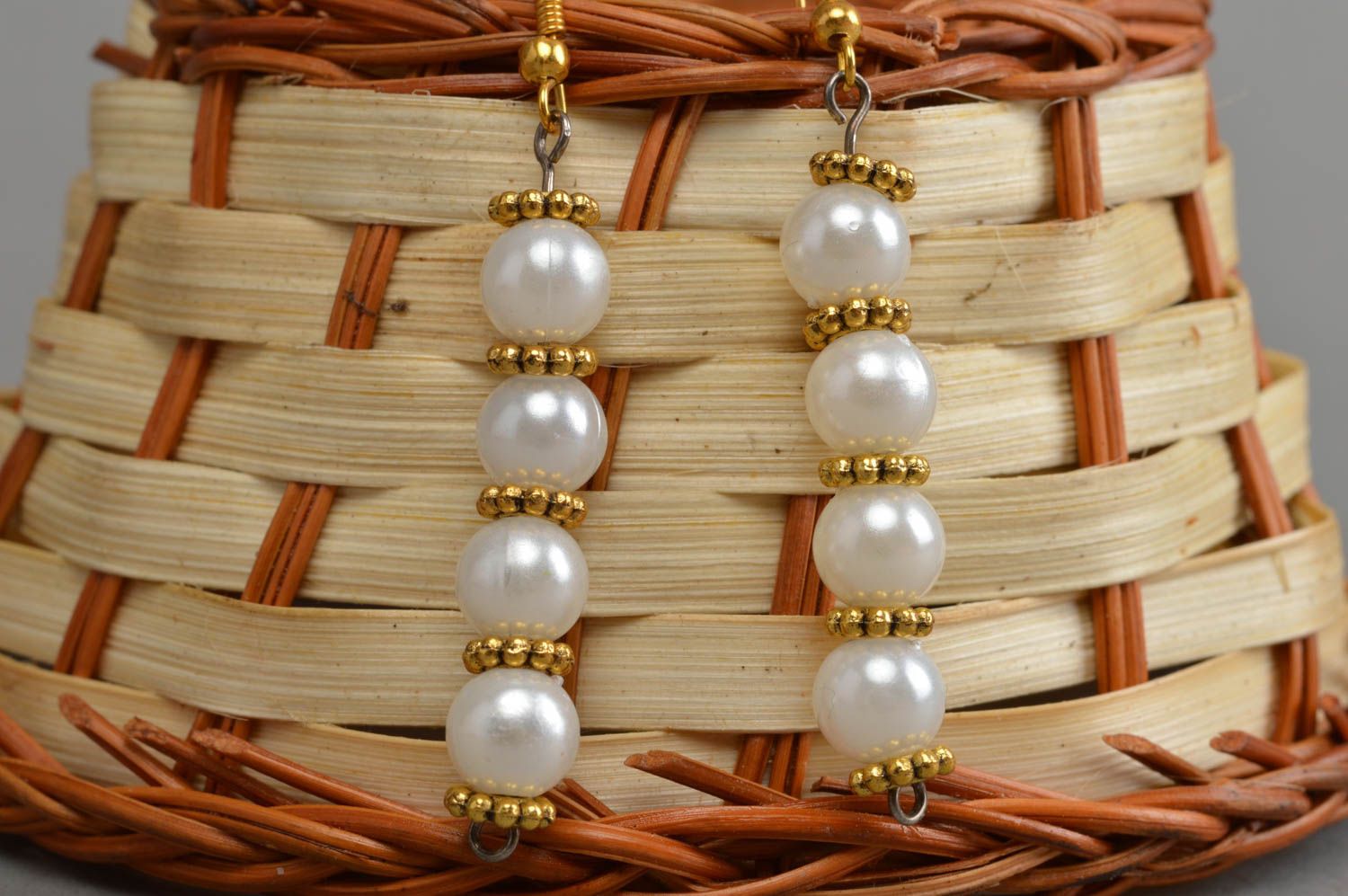 Handmade long earrings white unusual jewelry stylish designer accessories photo 1