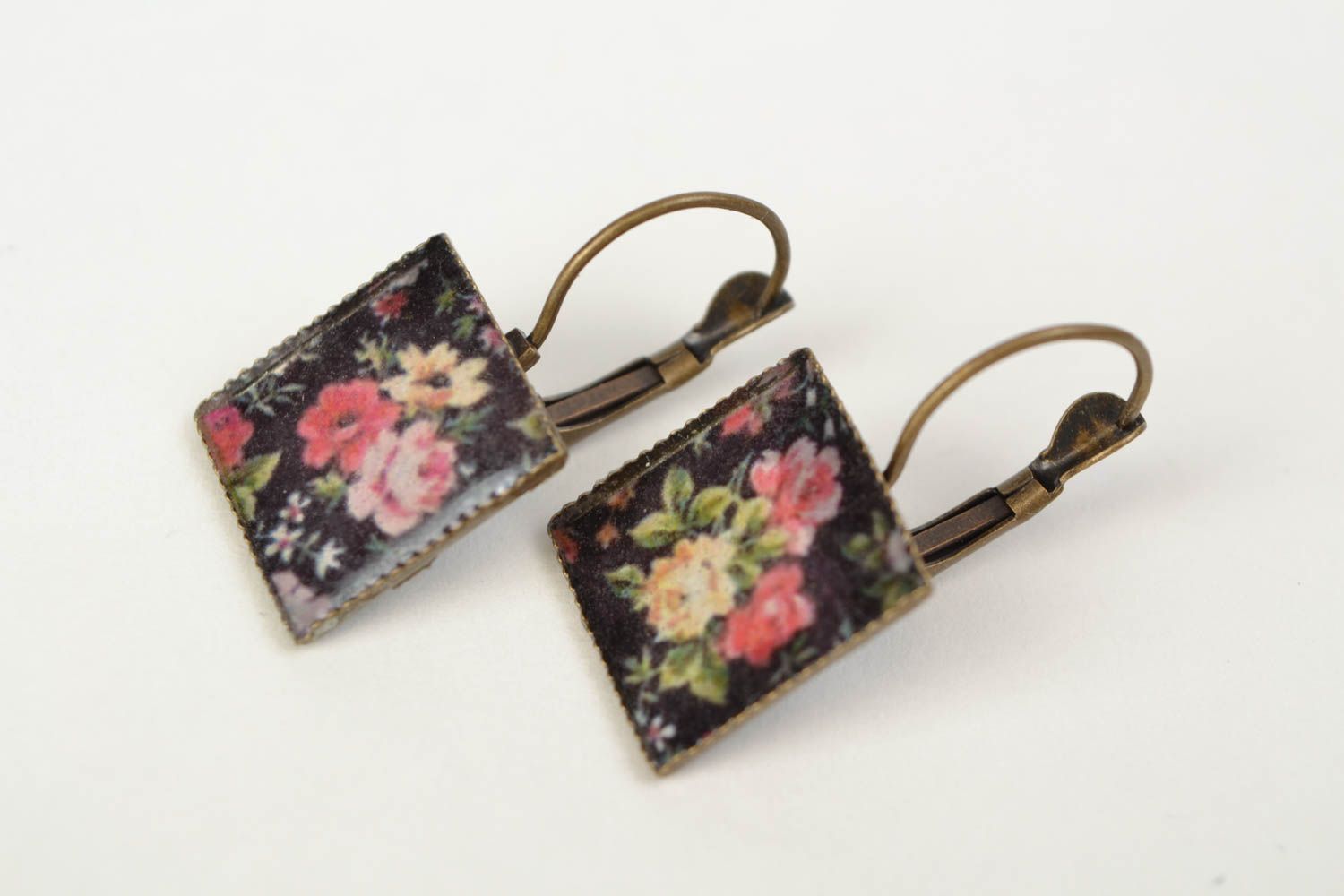 Handmade dark square decoupage earrings with floral pattern and English ear wires photo 1