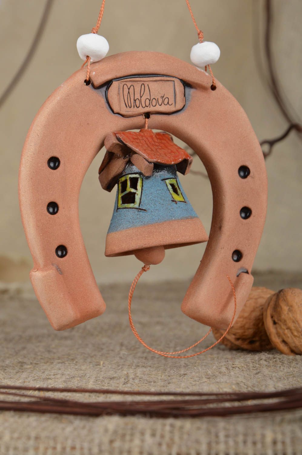 Interior clay pendant bell with a horseshoe handmade ceramic home decor photo 1