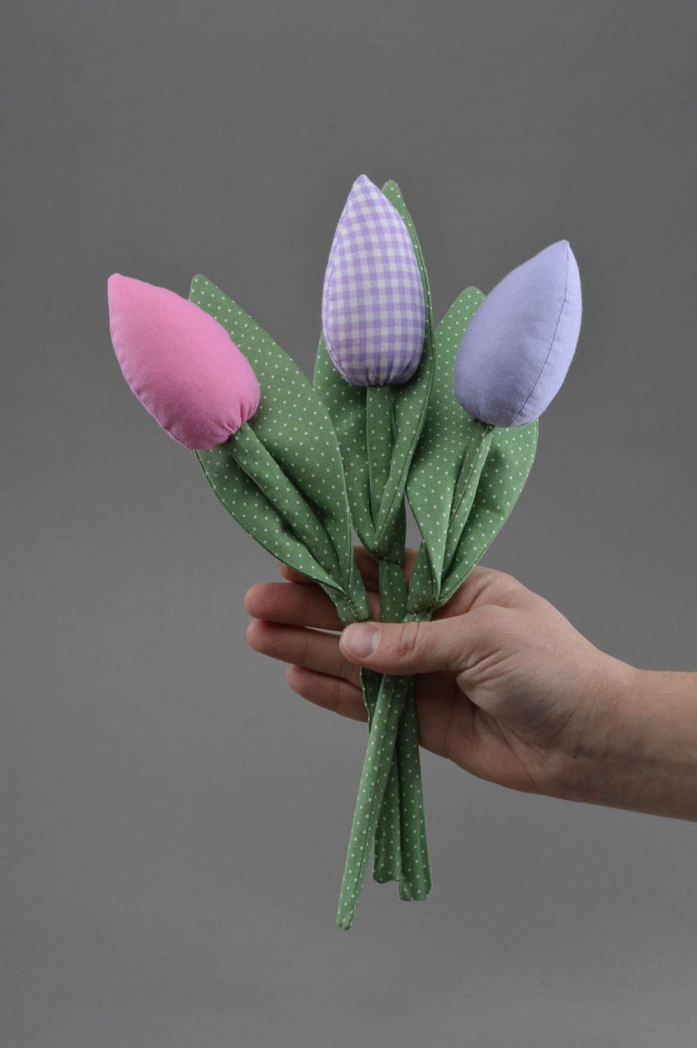 Flor artificial de tela para decoración hecha a mano tulipán morado a cuadros foto 4