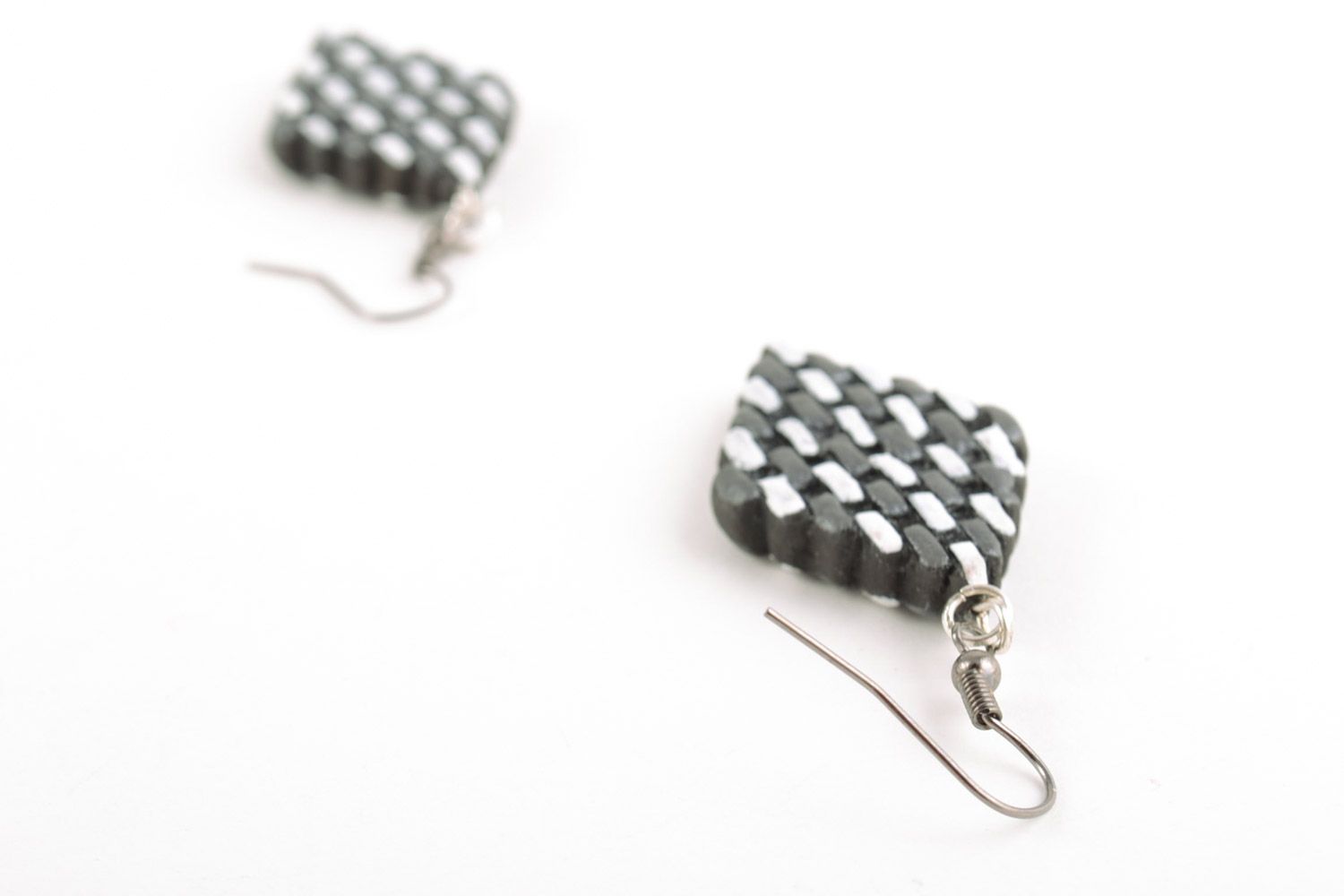 Gray and white unusual handmade clay dangle earrings in the shape of rhombus photo 3