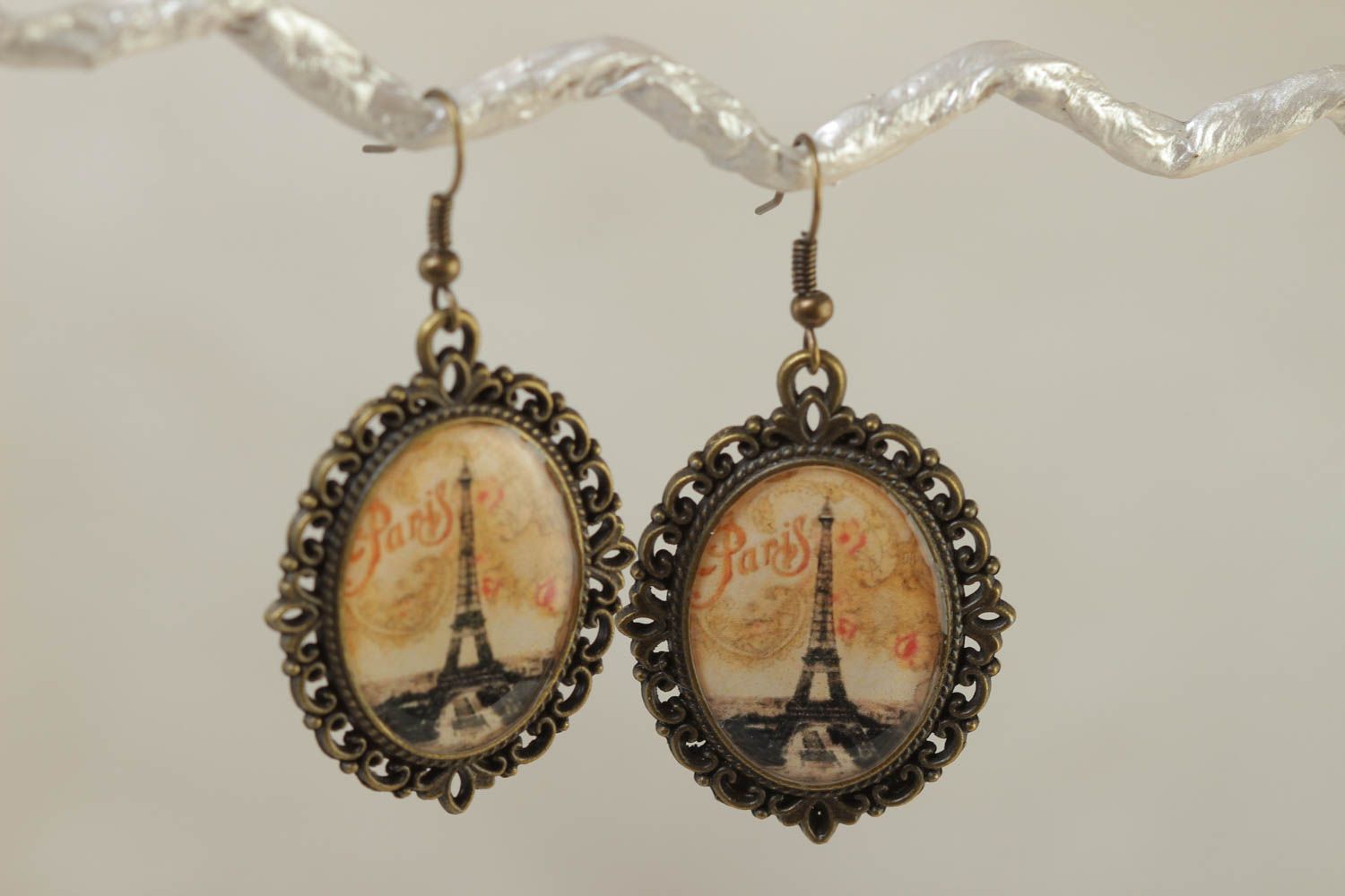 Beautiful handmade long glass glaze earrings in French style photo 1