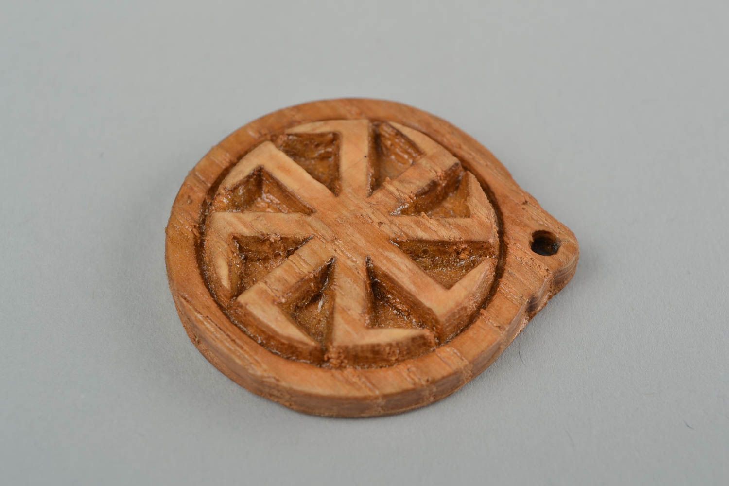Wooden handmade Slavic talisman pectoral amulet Kolovrat in ethnic style photo 4