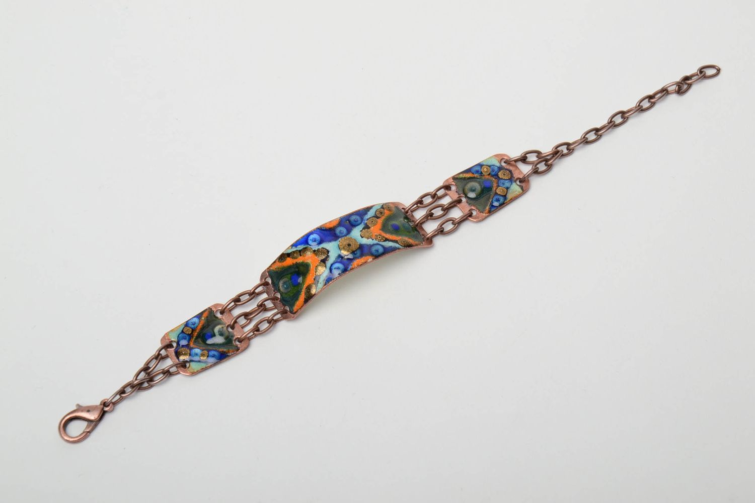Copper bracelet painted with enamels with chain photo 3