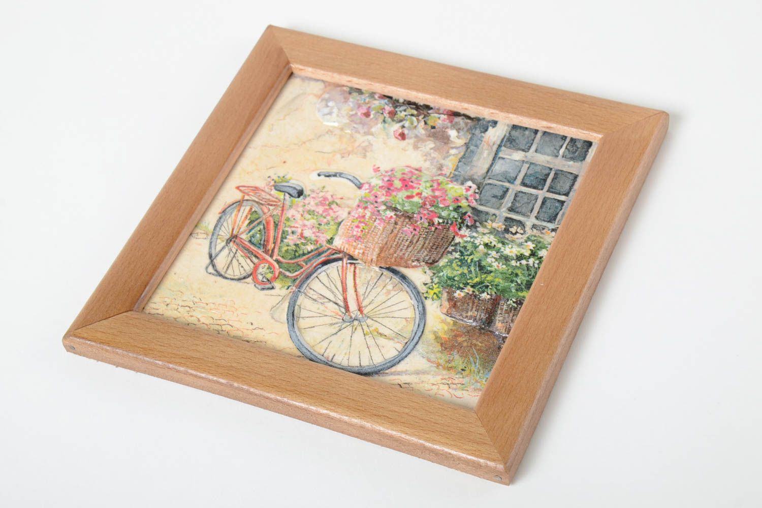 Декор для дома ручной работы панно декупаж картина в раме Велосипед красивая фото 2