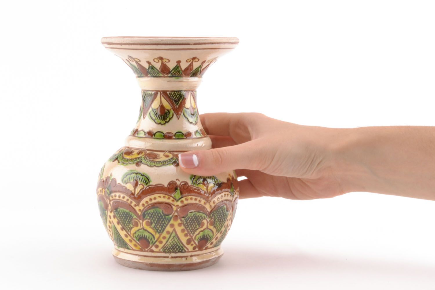 Village style beige & green handmade clay glazed small vase for home décor 6, 1,32 lb photo 2