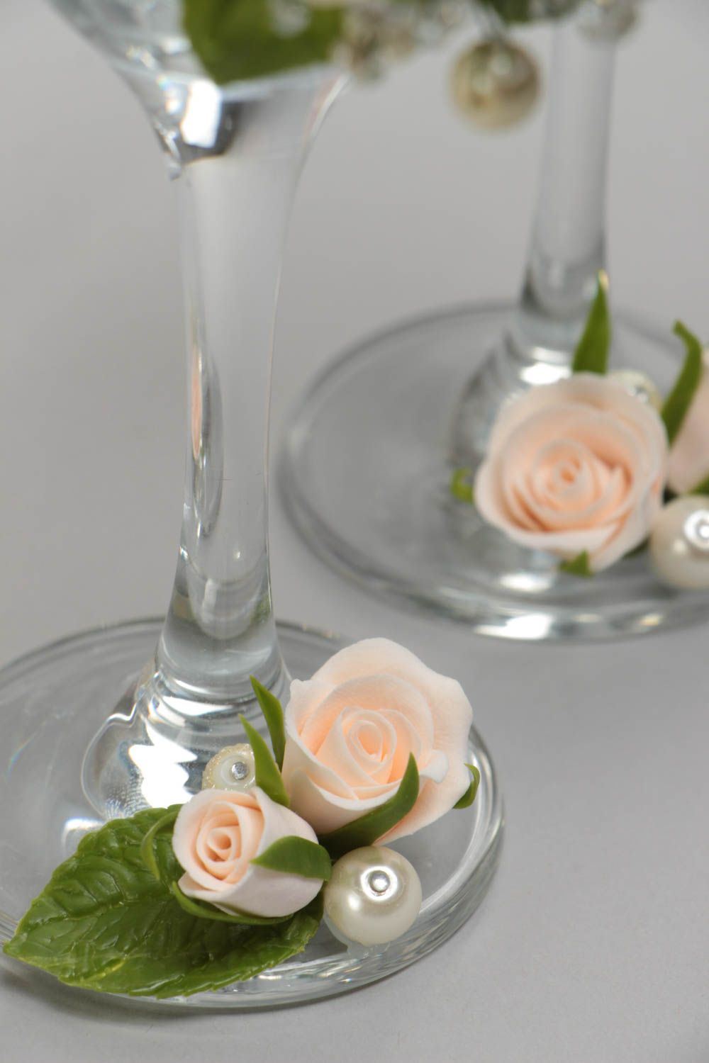 Unusual beautiful handmade designer wedding glasses with molded roses 2 pieces photo 4