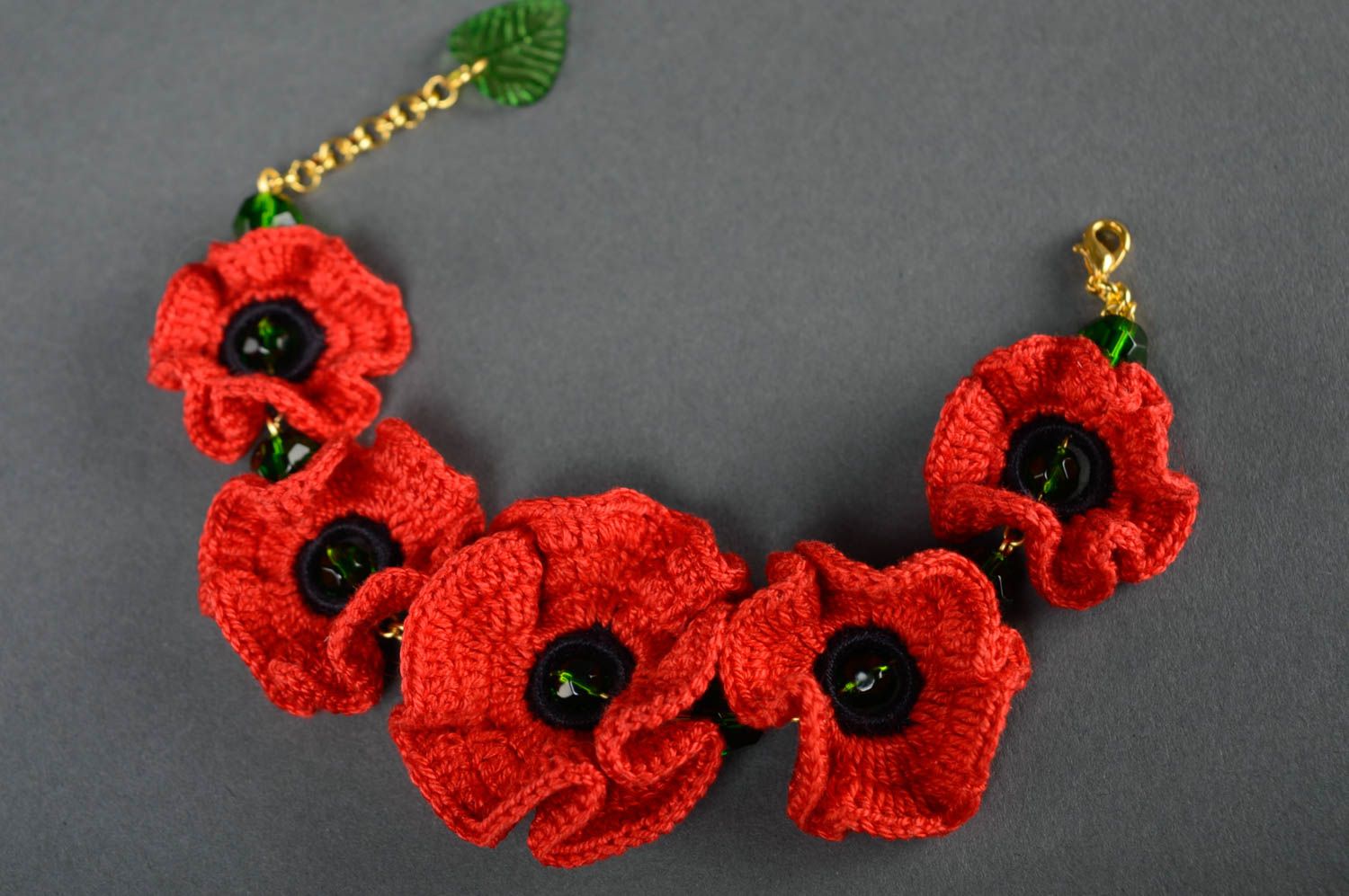Bright crochet bracelet with red poppy flowers photo 1