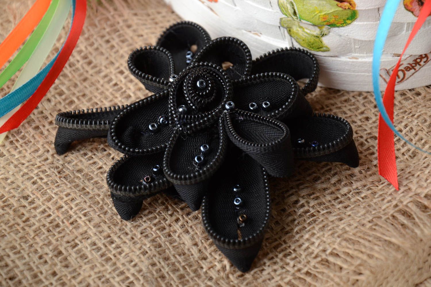 Handmade stylish elegant black barrette flower with zipper hair accessory photo 1