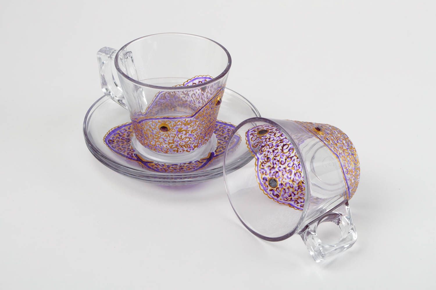 Clear glass two tea cups with square handle and purple and gold hand-painted pattern photo 5