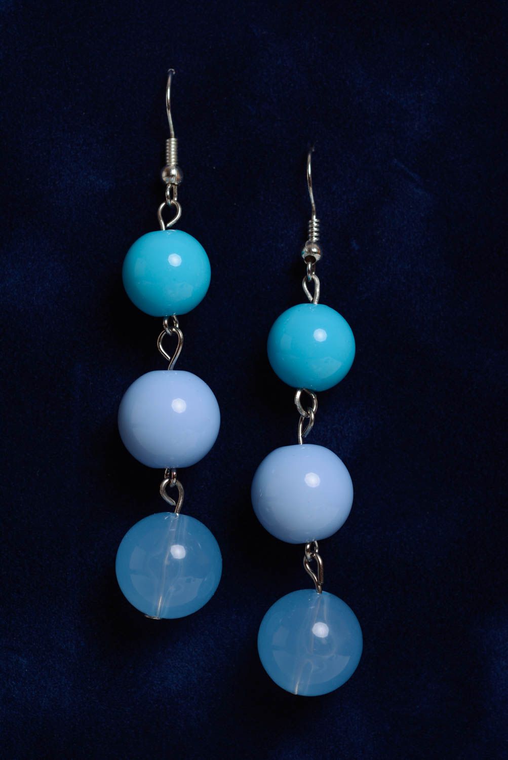 Handmade earrings with plastic beads in blue colors long designer accessory photo 1